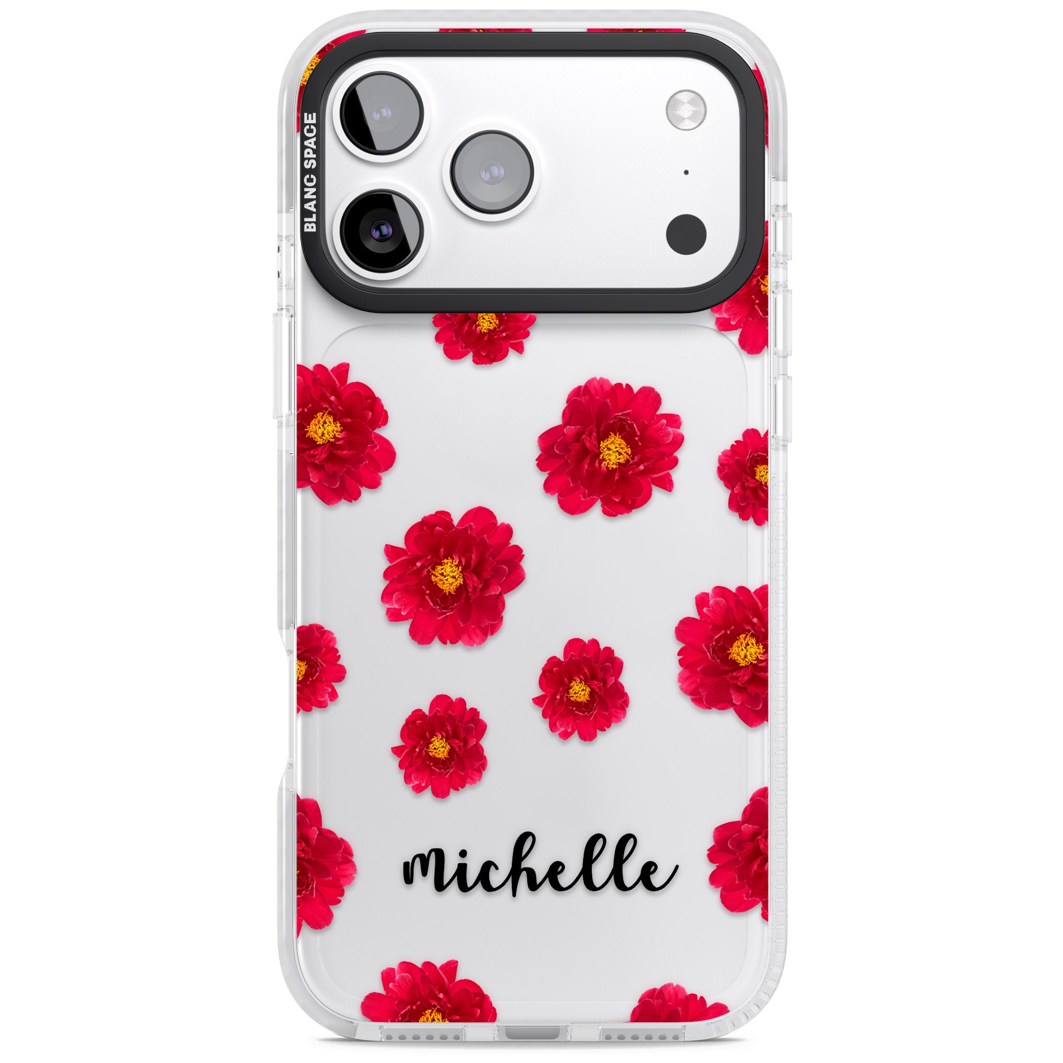 Personalised Red Peonies & Cursive iPhone 17 Pro Max Impact Clear Phone Case