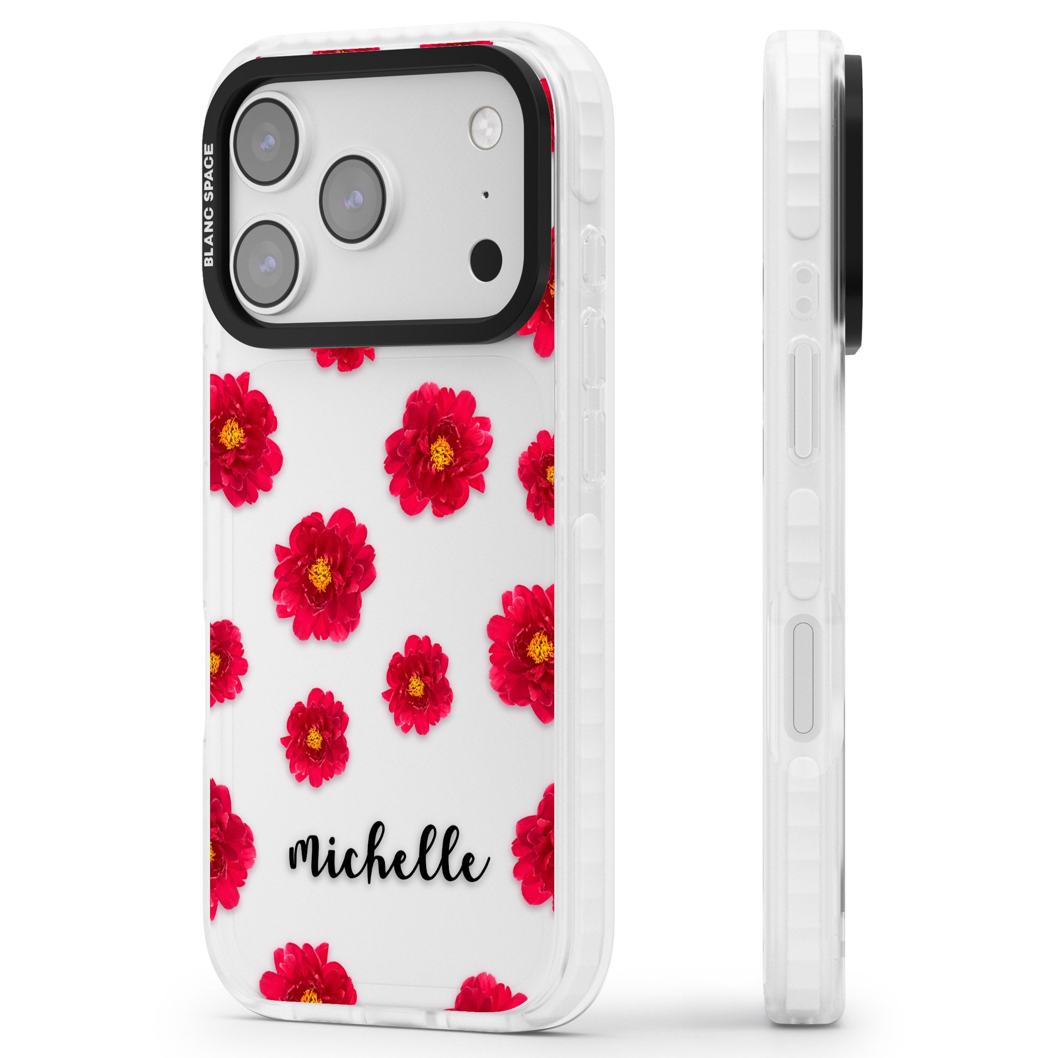 Personalised Red Peonies & Cursive iPhone 17 Pro Max Impact Clear Phone Case Side Profile