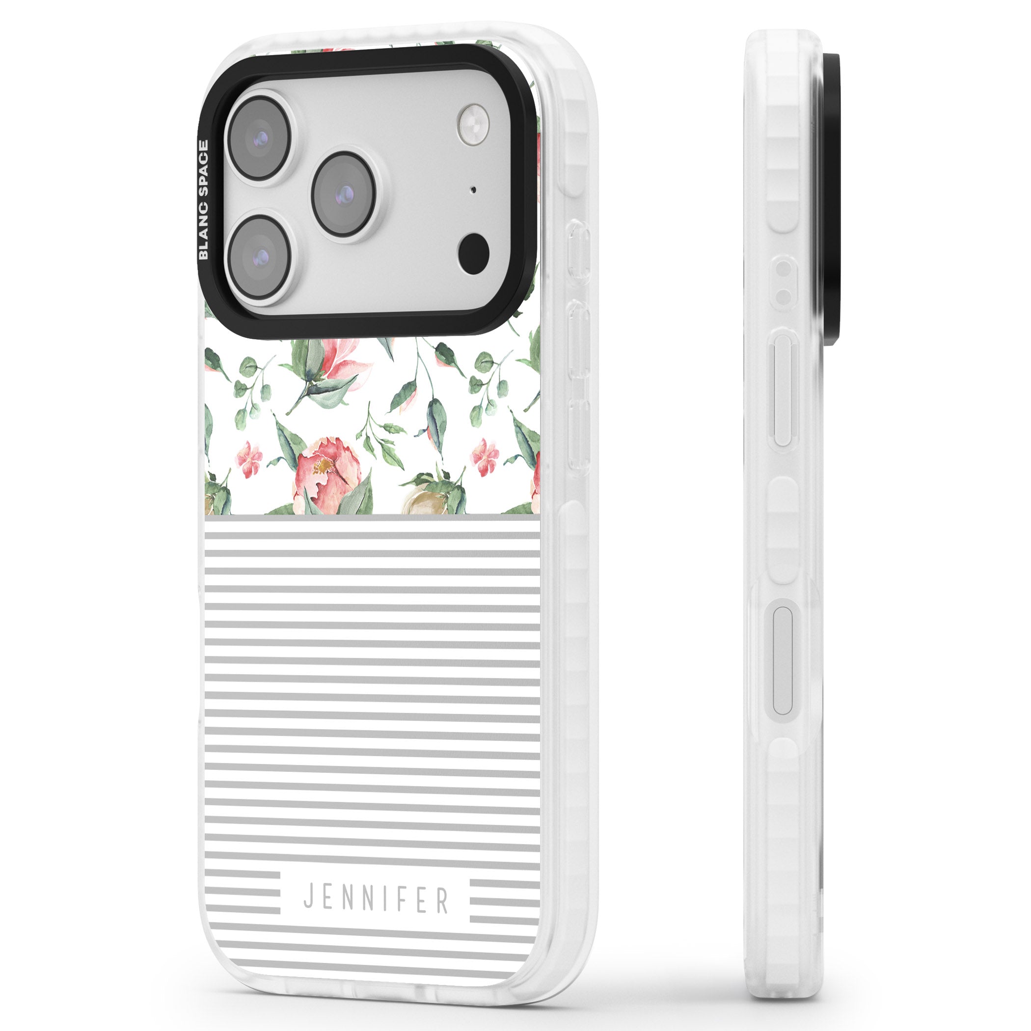 Personalised Light Floral Pattern & Stripes iPhone 17 Pro Max Impact Clear Phone Case Side Profile