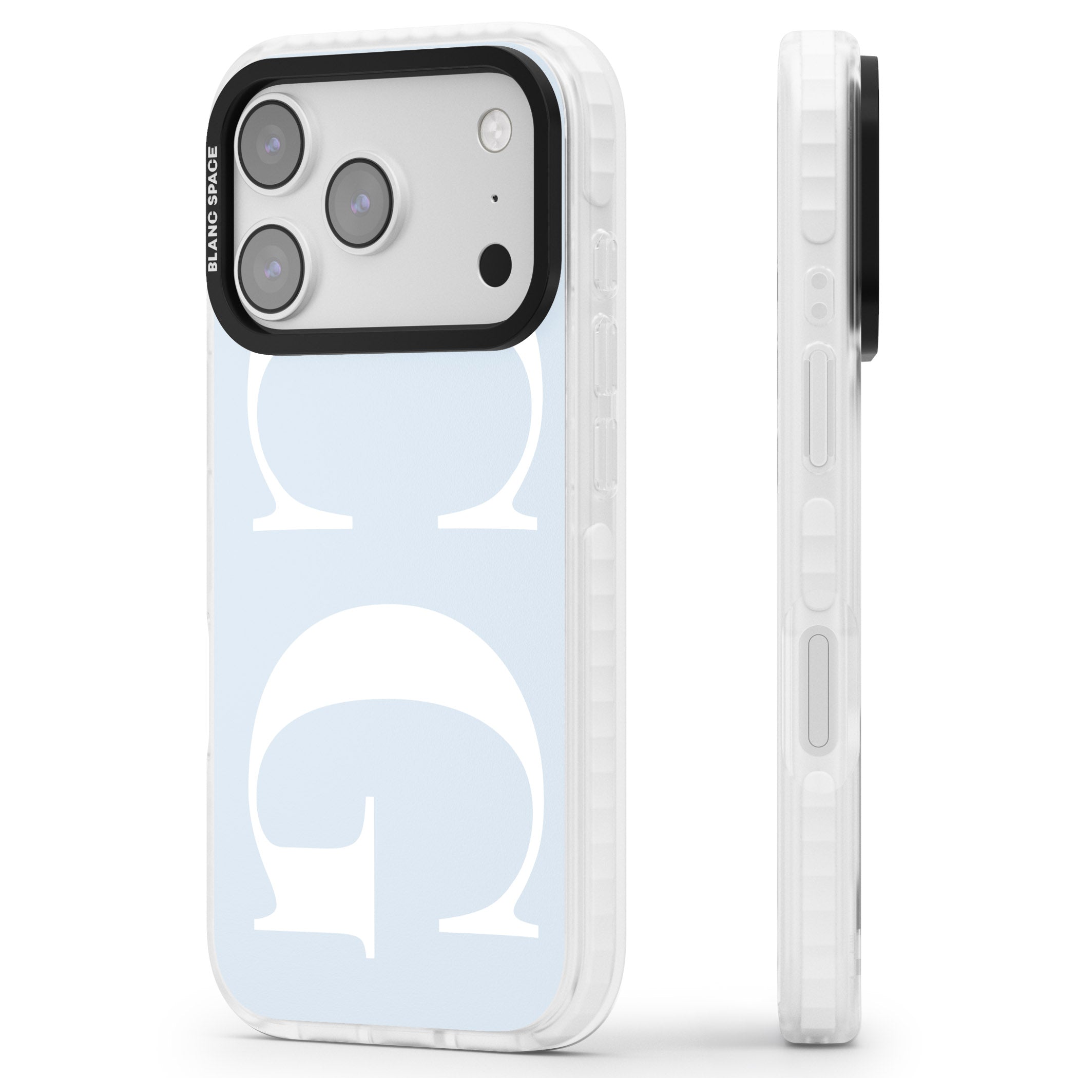Personalised White & Blue Green Letters iPhone 17 Pro Max Impact Clear Phone Case Side Profile