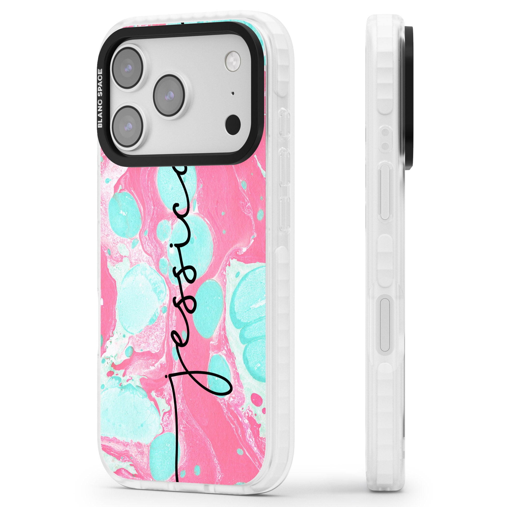 Personalised Turquoise & Pink Marbled iPhone 17 Pro Max Impact Clear Phone Case Side Profile