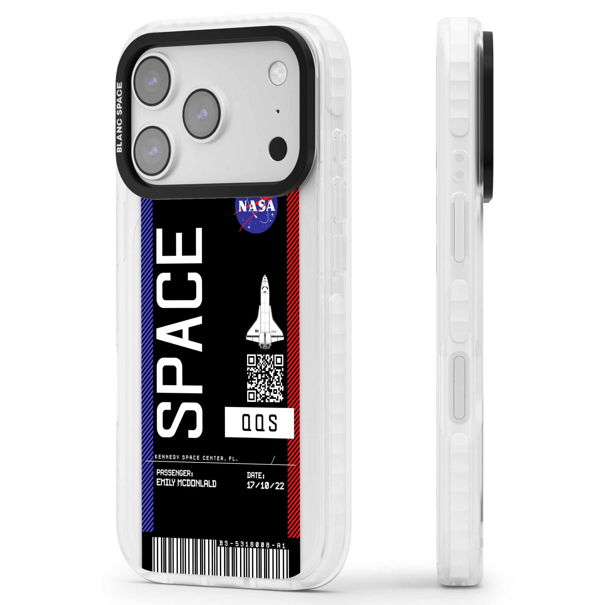Personalised Nasa Boarding Pass (Dark) iPhone 17 Pro Max Impact Clear Phone Case Side Profile