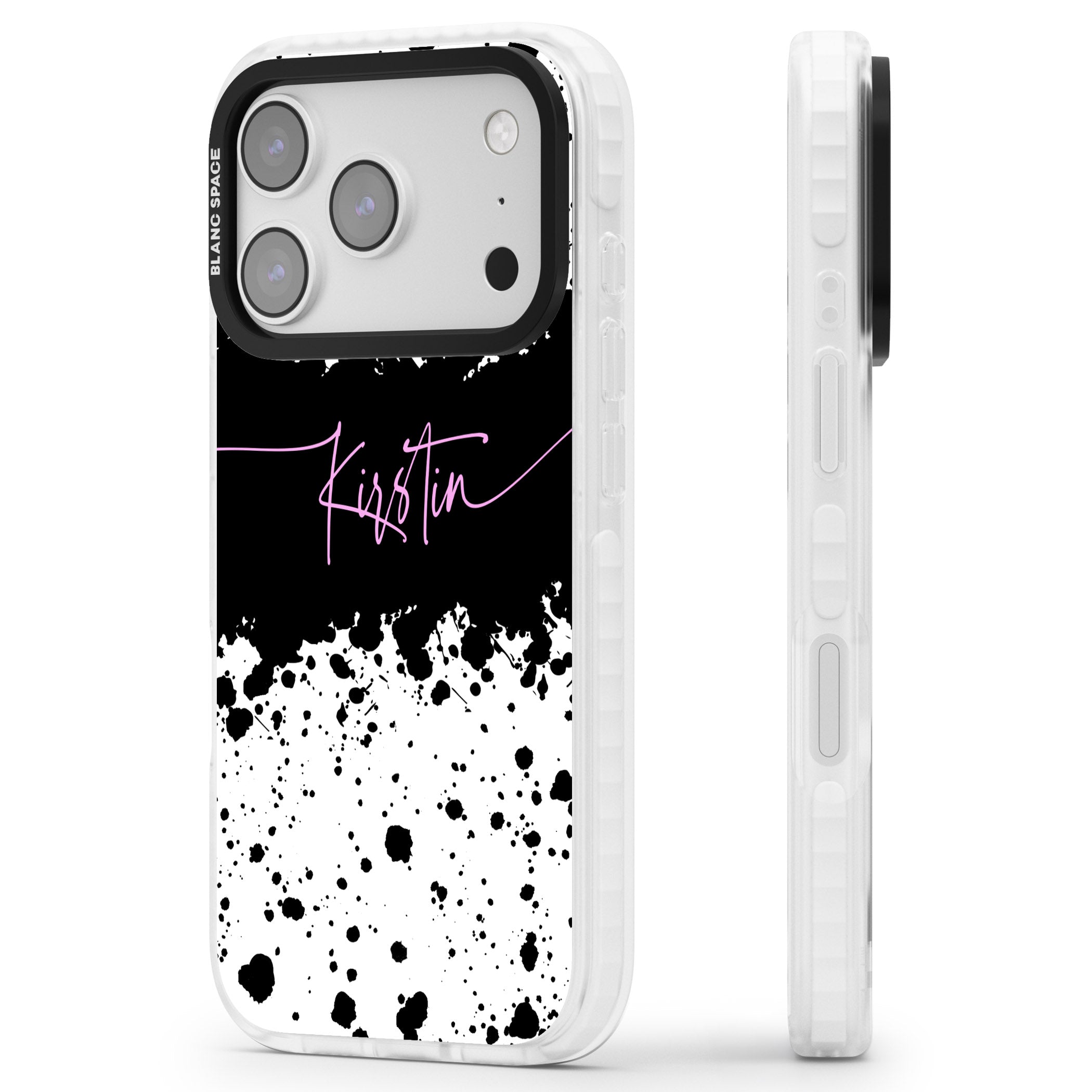 Personalised Bold Paint Splatters iPhone 17 Pro Max Impact Clear Phone Case Side Profile