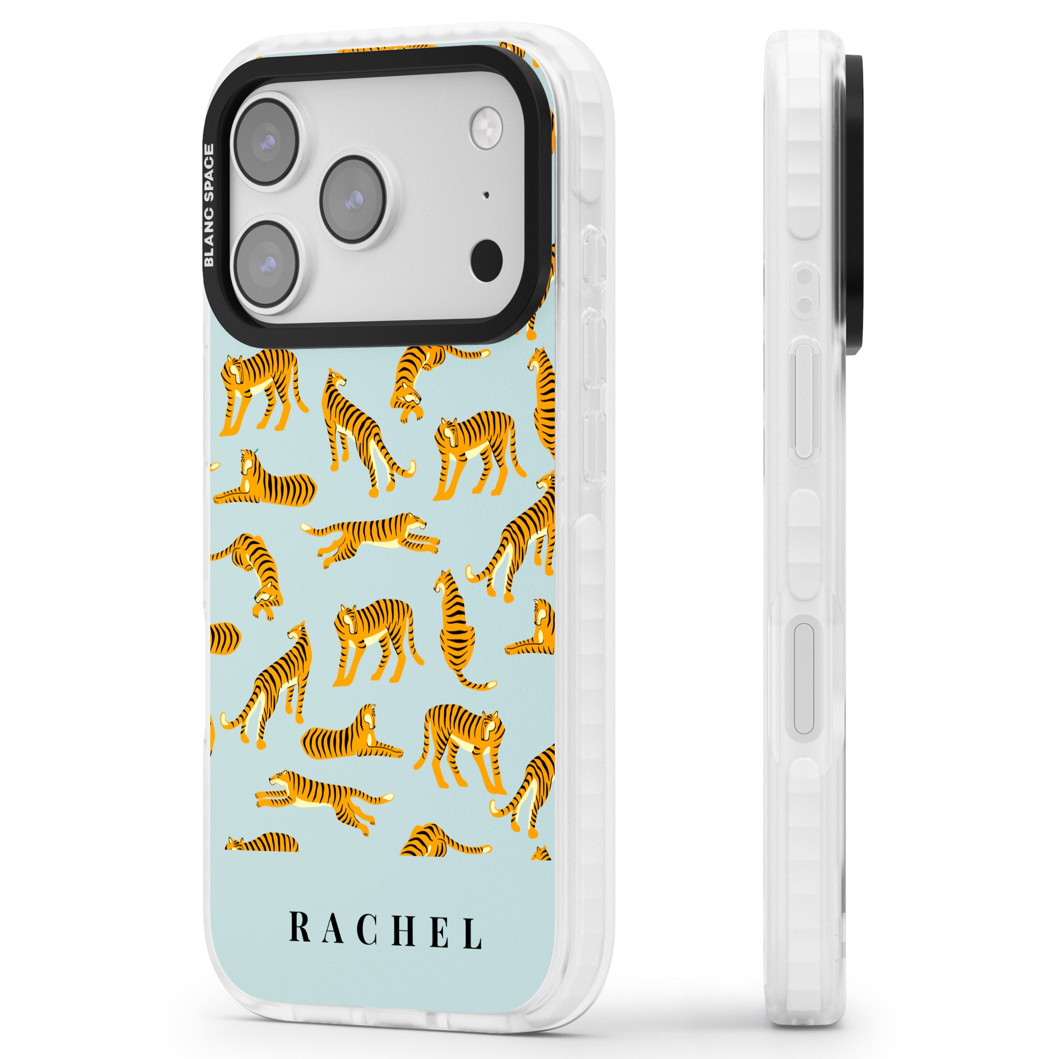 Personalised Turquoise Tiger Pattern iPhone 17 Pro Max Impact Clear Phone Case Side Profile