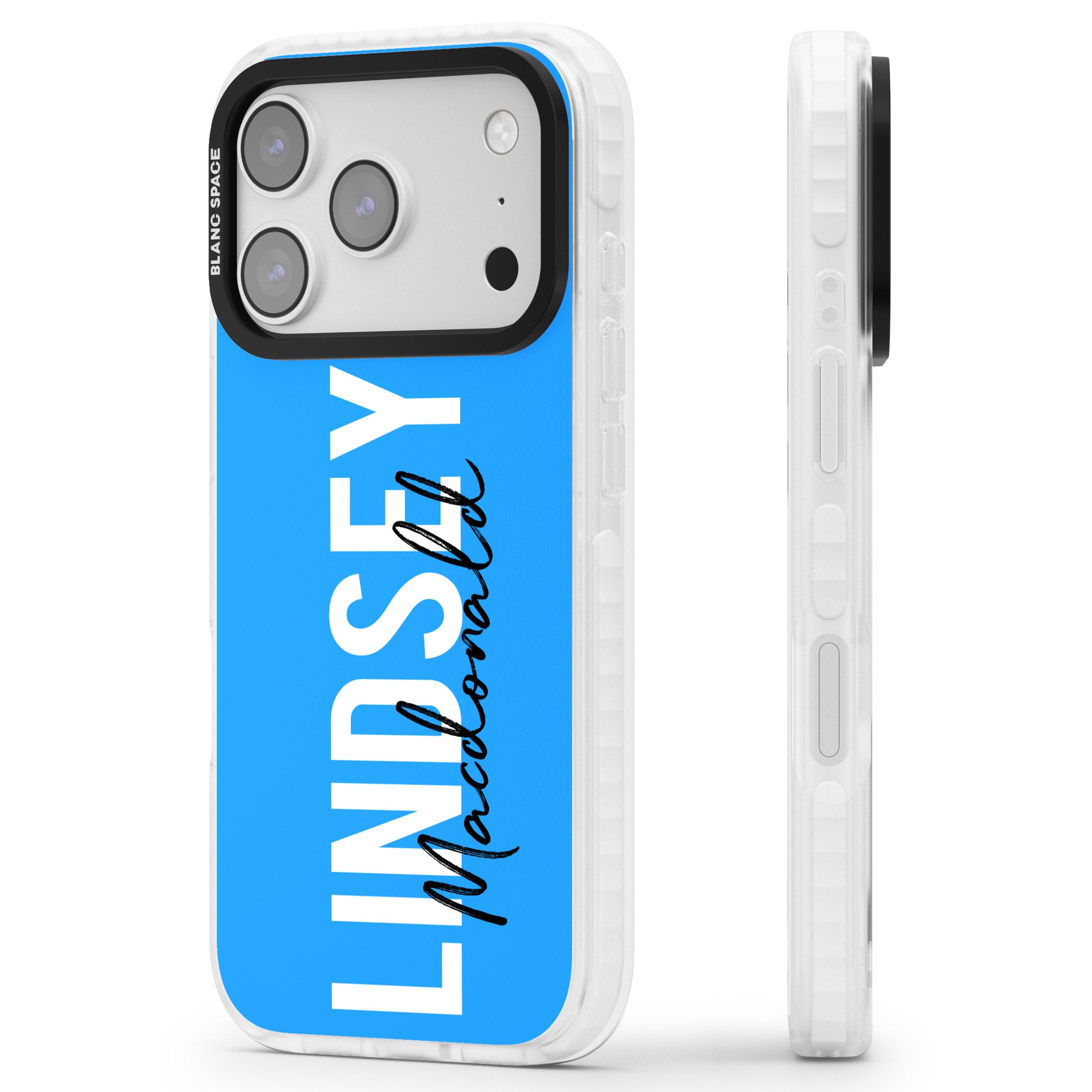 Personalised Bold Name: Blue iPhone 17 Pro Max Impact Clear Phone Case Side Profile