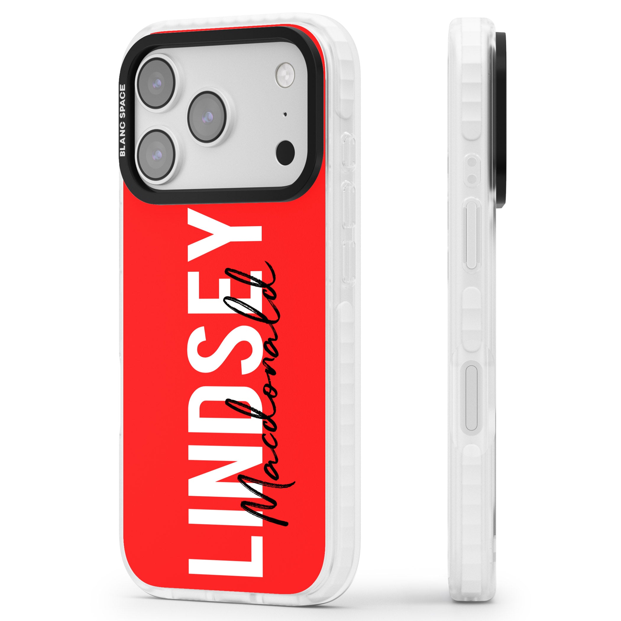 Personalised Bold Name: Red iPhone 17 Pro Max Impact Clear Phone Case Side Profile