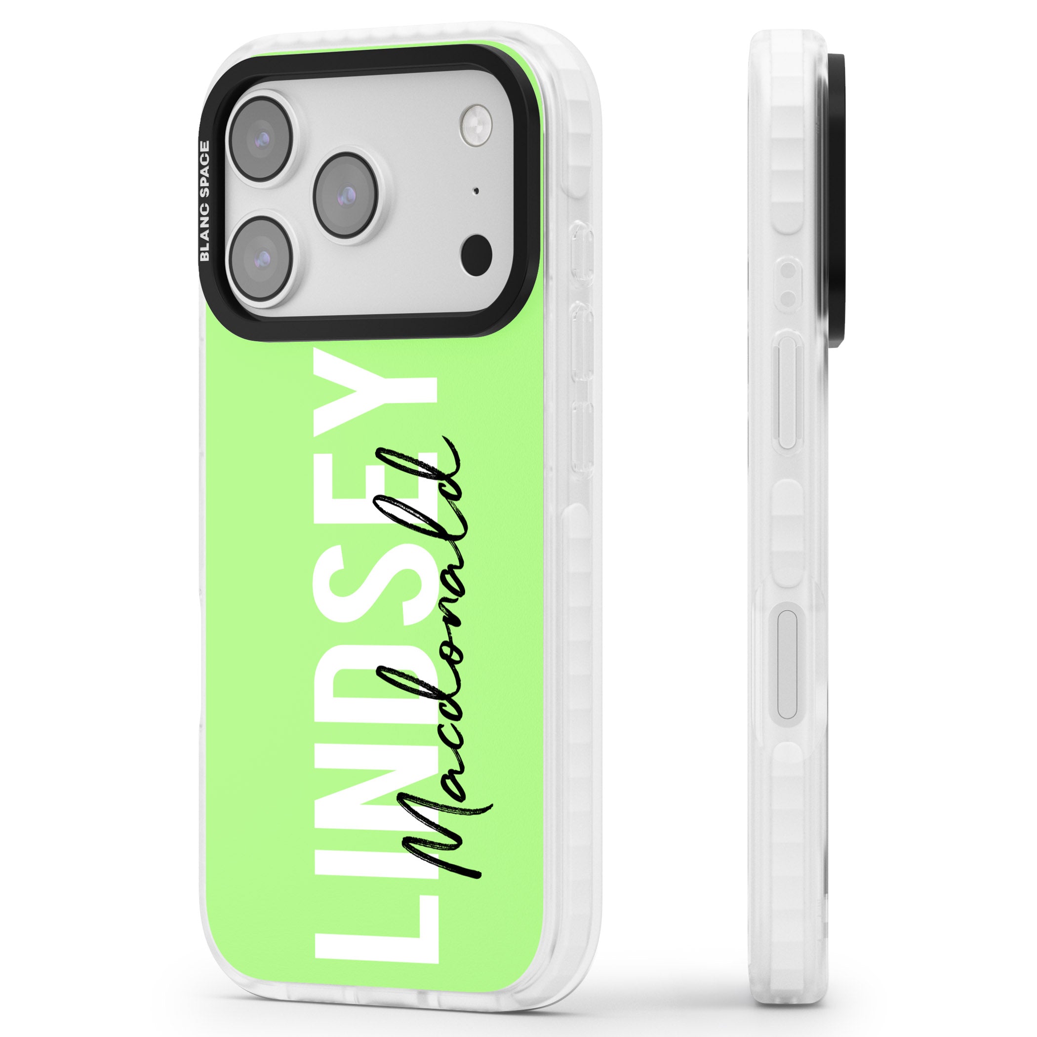 Personalised Bold Name: Lime iPhone 17 Pro Max Impact Clear Phone Case Side Profile