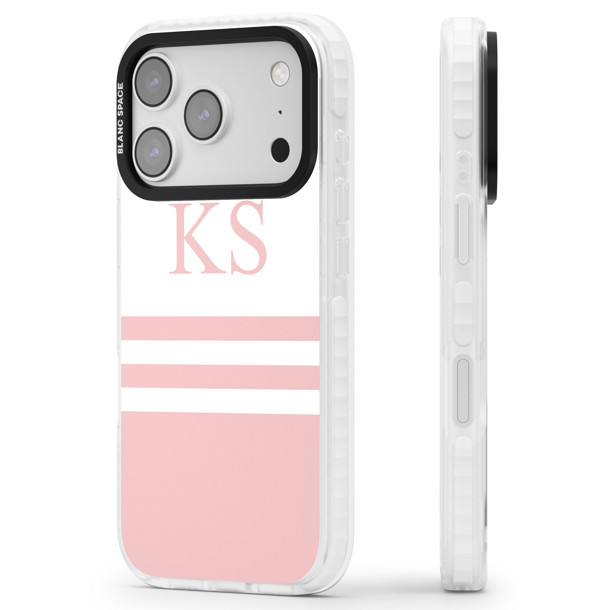 Personalised Pink Stripes & Initials iPhone 17 Pro Max Impact Clear Phone Case Side Profile