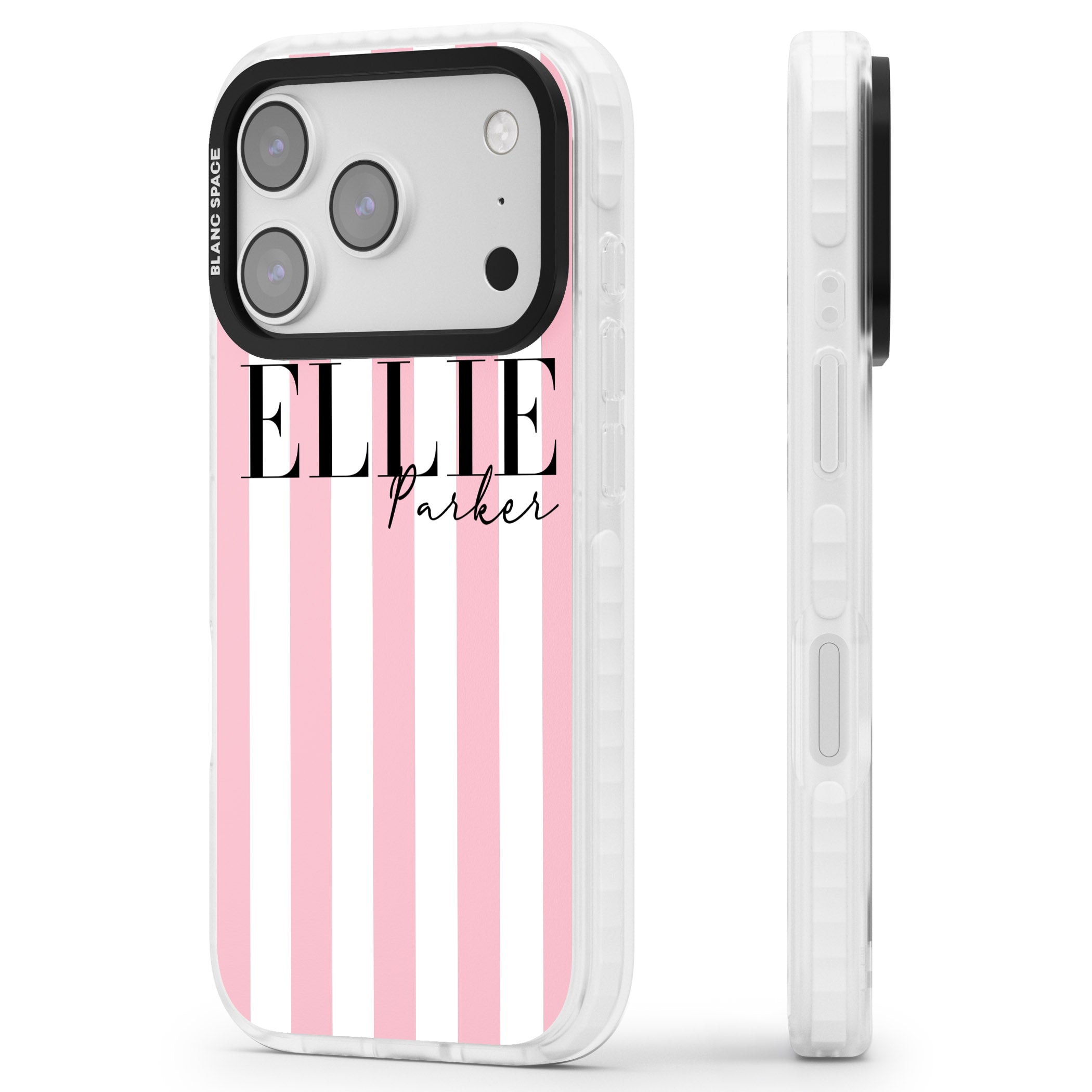 Personalised Pink Stripes iPhone 17 Pro Max Impact Clear Phone Case Side Profile