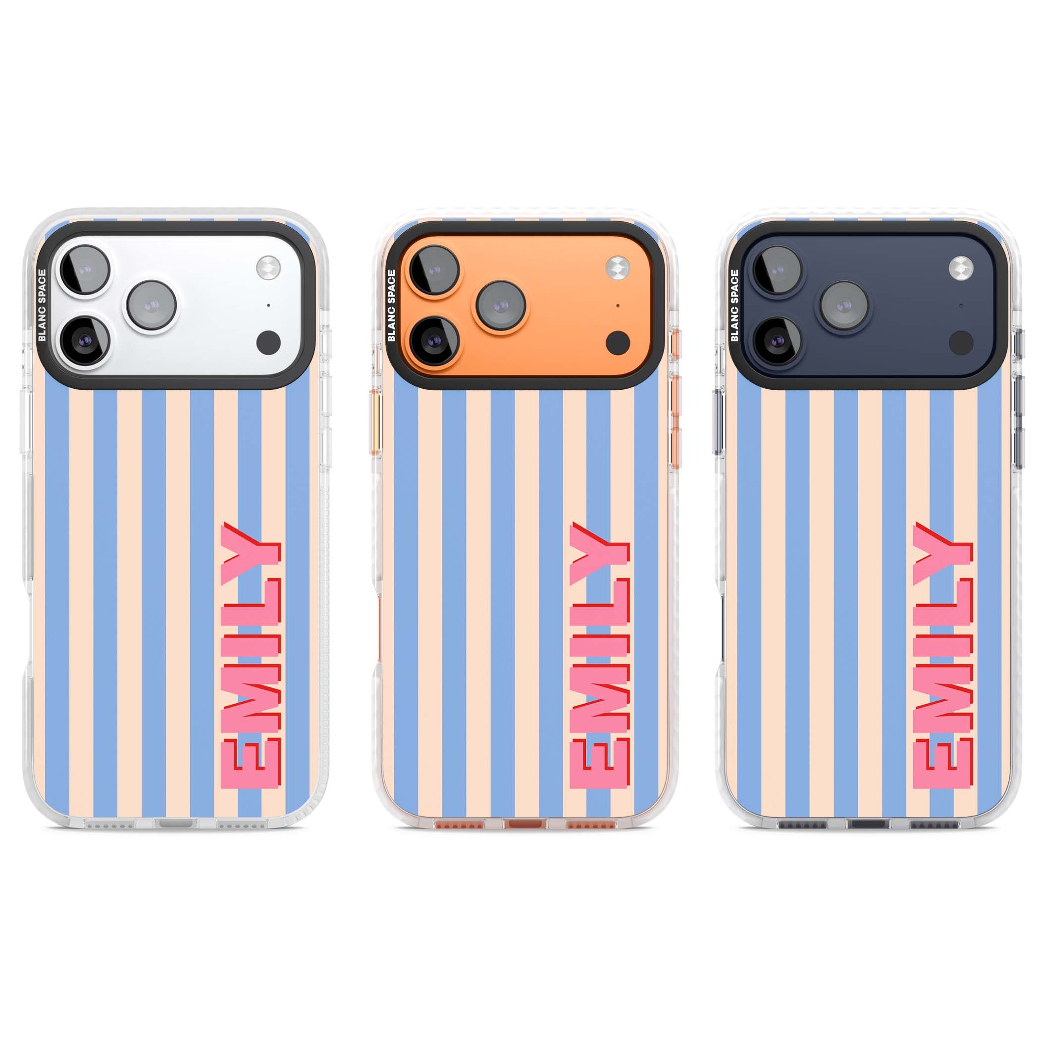 Coastal Stripe personalised coastal iPhone case with blue and peach vertical stripes and custom pink name | Black Impact case for iPhone 17 Pro, iPhone 17 Pro Max