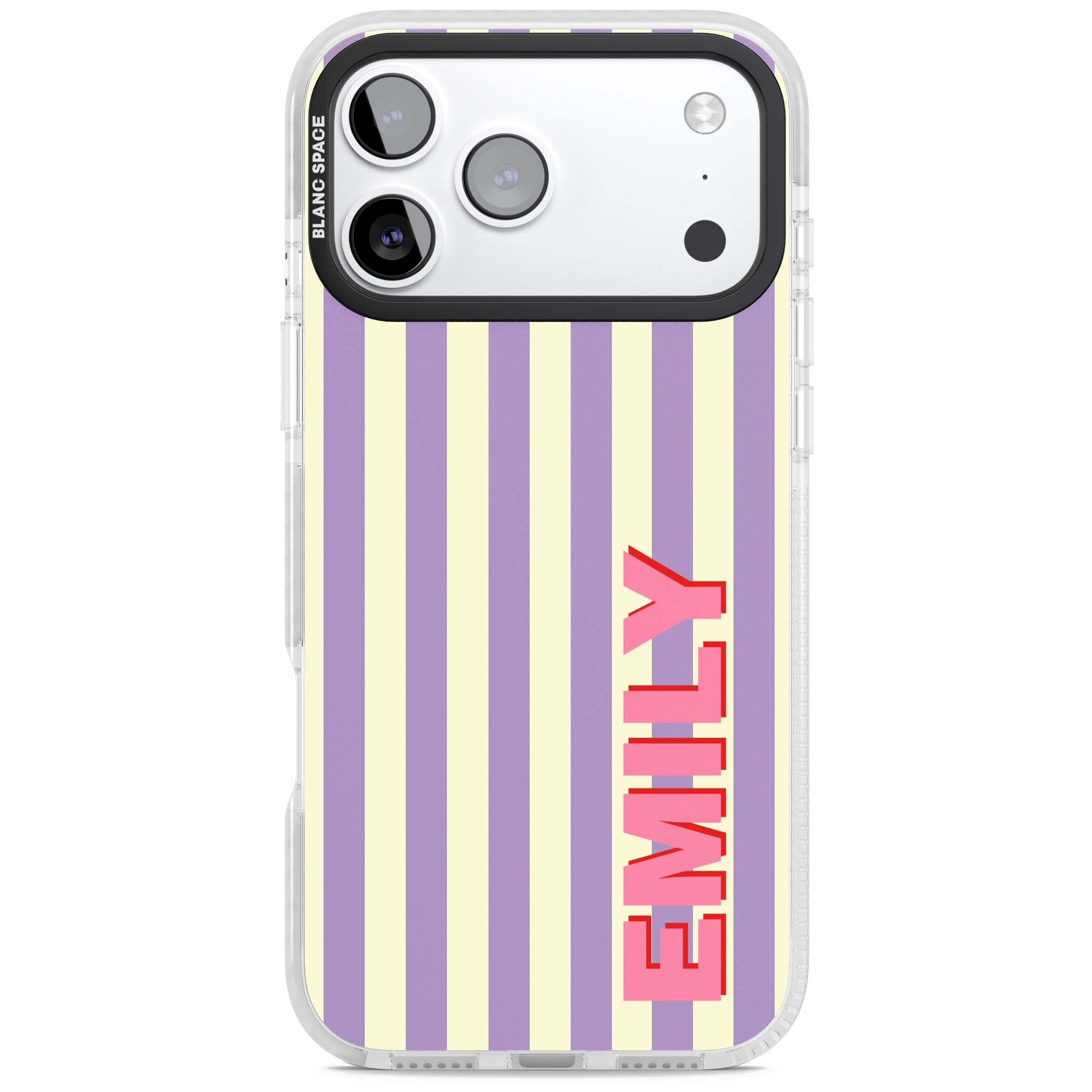 Valensole Stripe personalised iPhone case with purple and cream vertical stripes and pink custom name | Black Impact case for iPhone 17 Pro, iPhone 17 Pro Max