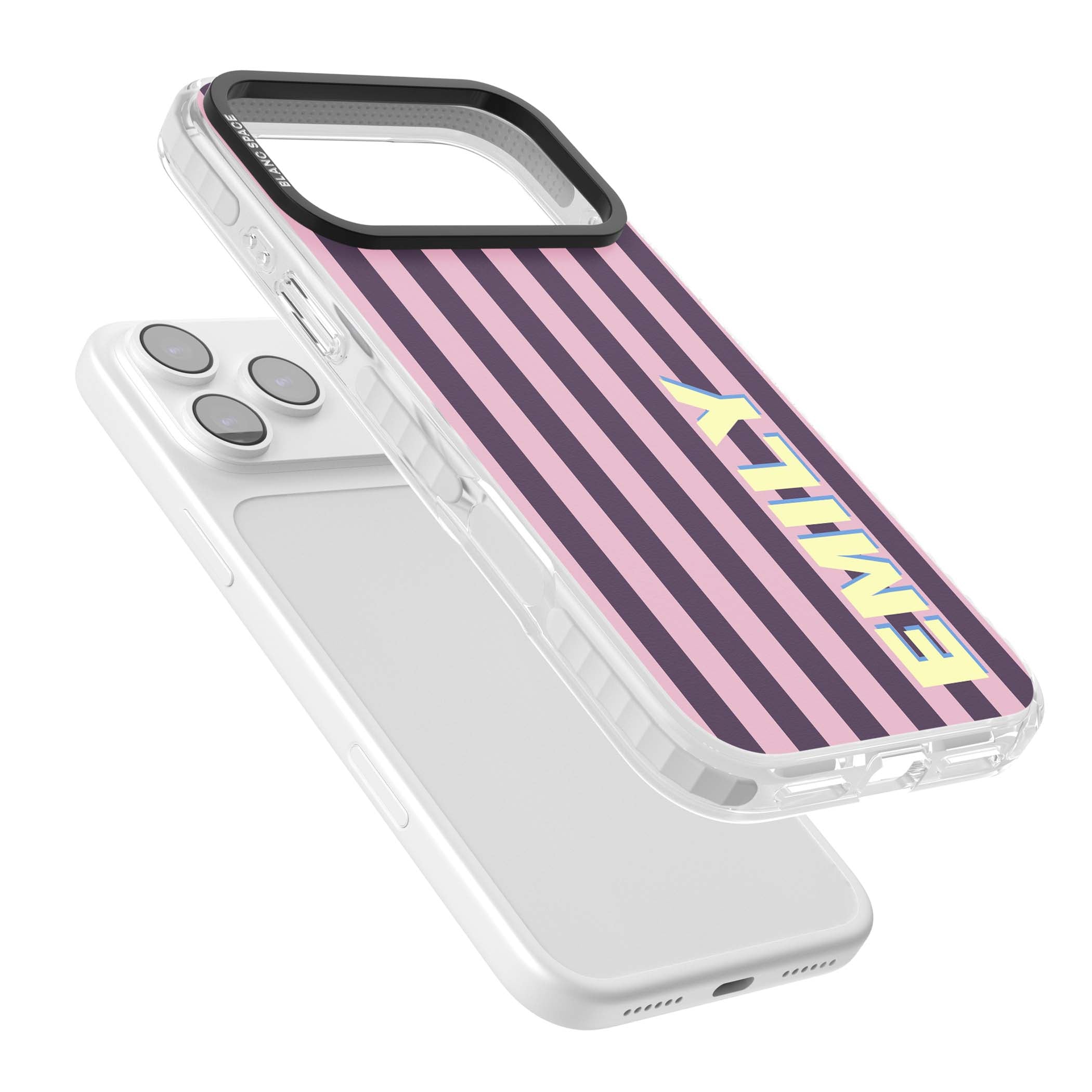 Tyre Stripe personalised stripe iPhone case with plum and pink vertical stripes and custom yellow name | Black Impact case for iPhone 17 Pro, iPhone 17 Pro Max