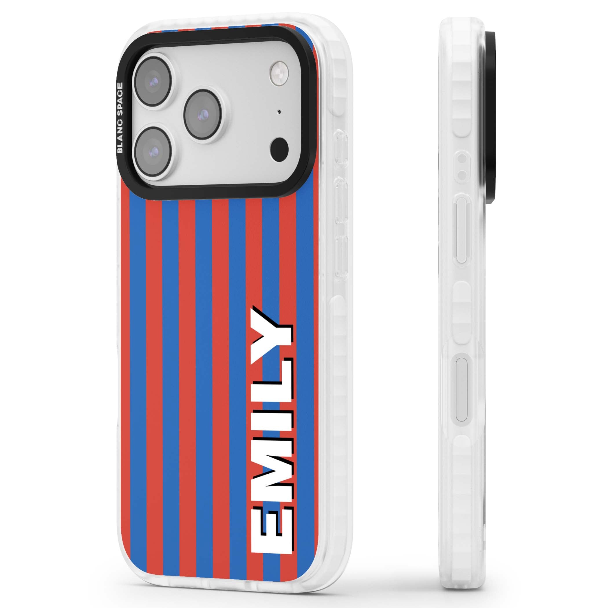 Cuban Stripe personalised iPhone case featuring red and blue vertical stripes with custom name in bold white letters | Black Impact case for iPhone 17 Pro, iPhone 17 Pro Max