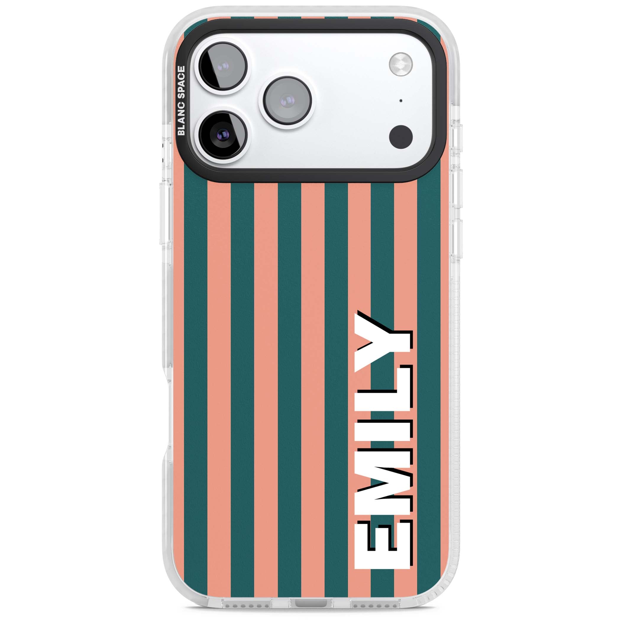 Tuscan Stripe personalised iPhone case featuring coral and green vertical stripes with bold custom name | Black Impact case for iPhone 17 Pro, iPhone 17 Pro Max