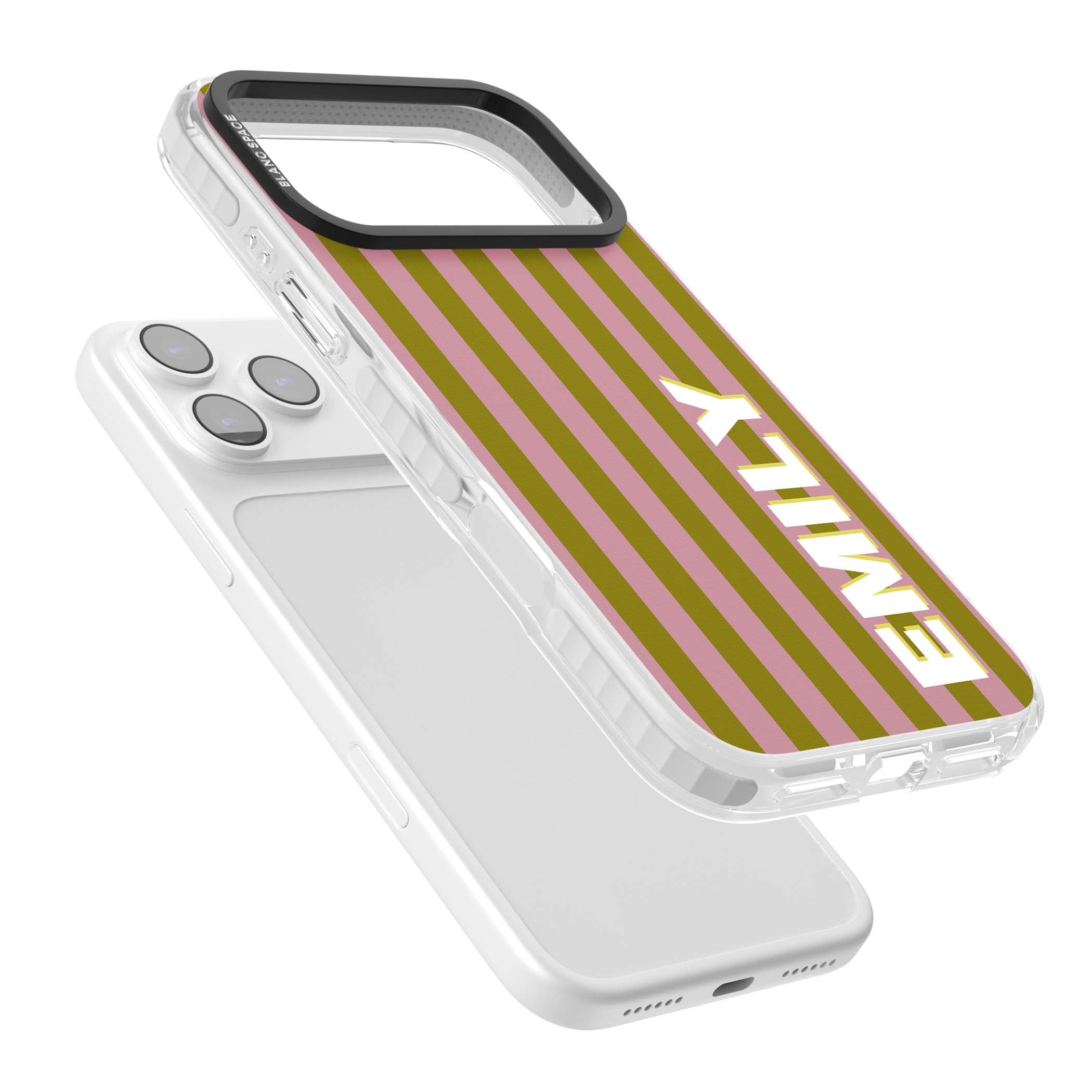 Istanbul Stripe personalised iPhone case featuring pink and olive green vertical stripes with a custom vertical name | Black Impact case for iPhone 17 Pro, iPhone 17 Pro Max