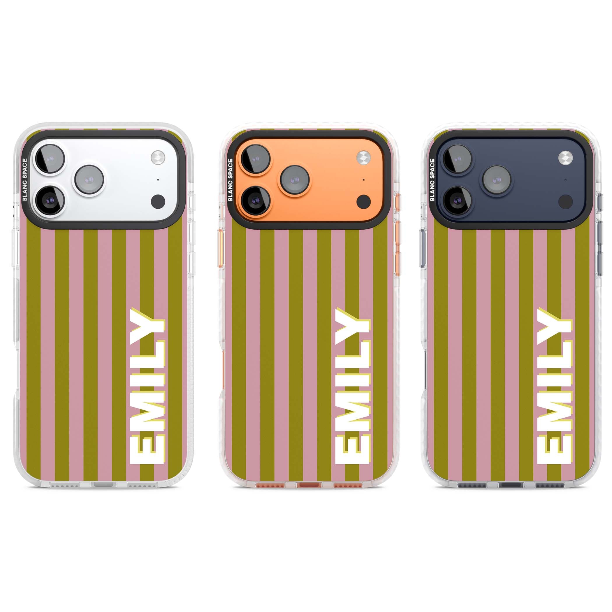 Istanbul Stripe personalised iPhone case featuring pink and olive green vertical stripes with a custom vertical name | Black Impact case for iPhone 17 Pro, iPhone 17 Pro Max