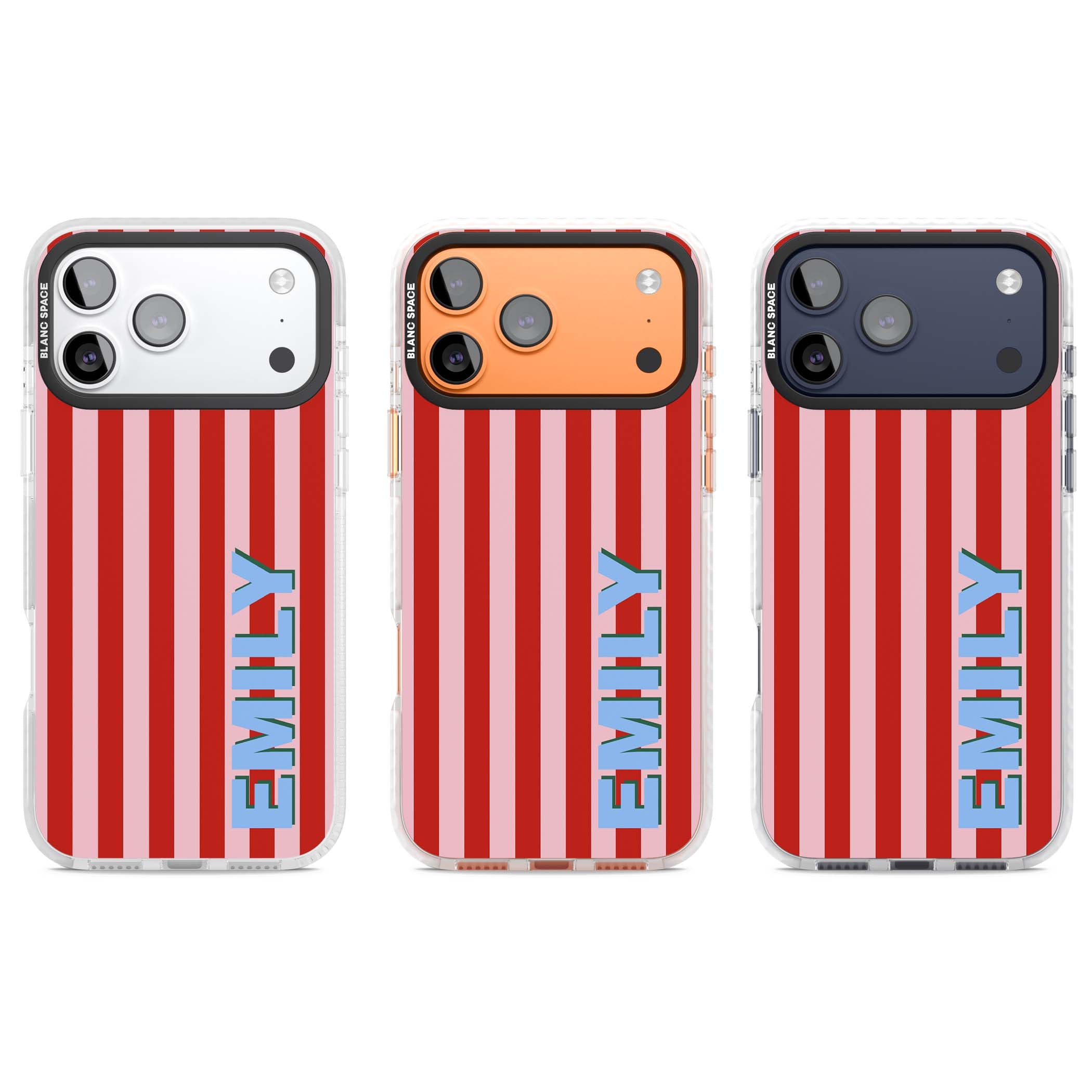 Market Stripe personalised iPhone case with red and pink vertical stripes and custom blue name | Black Impact case for iPhone 17 Pro, iPhone 17 Pro Max