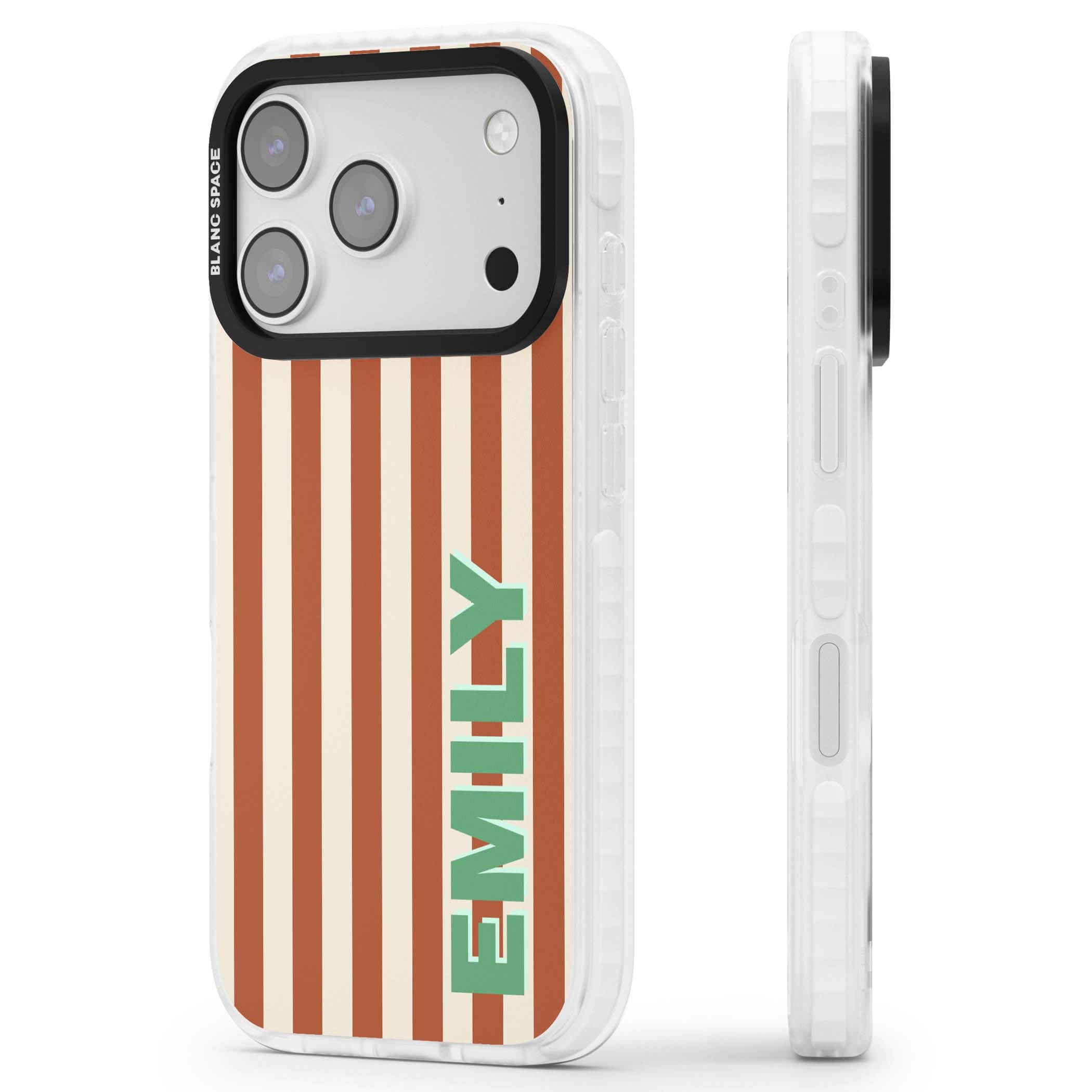 Dune Stripe personalised iPhone case with rust and cream vertical stripes and custom name in mint green | Black Impact case for iPhone 17 Pro, iPhone 17 Pro Max