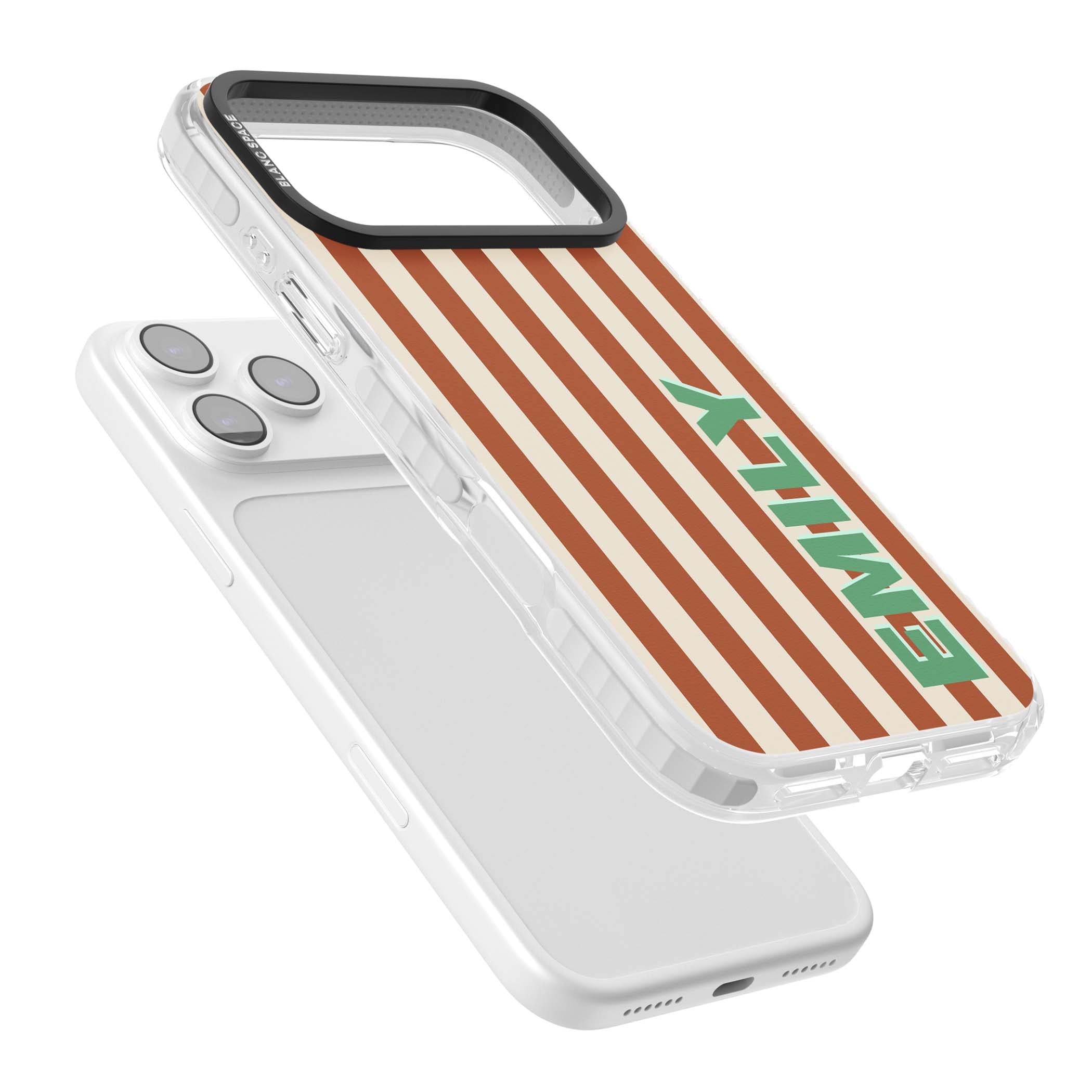 Dune Stripe personalised iPhone case with rust and cream vertical stripes and custom name in mint green | Black Impact case for iPhone 17 Pro, iPhone 17 Pro Max