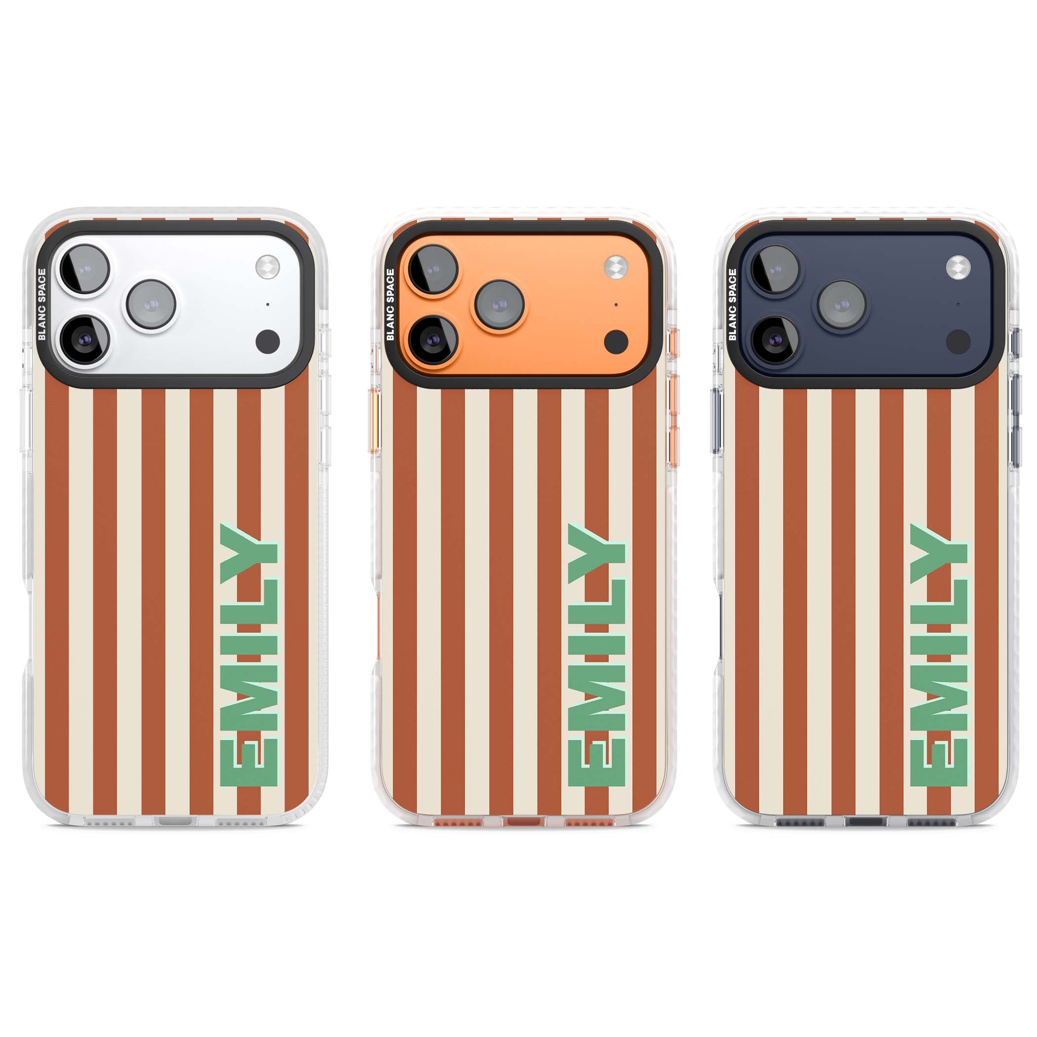 Dune Stripe personalised iPhone case with rust and cream vertical stripes and custom name in mint green | Black Impact case for iPhone 17 Pro, iPhone 17 Pro Max