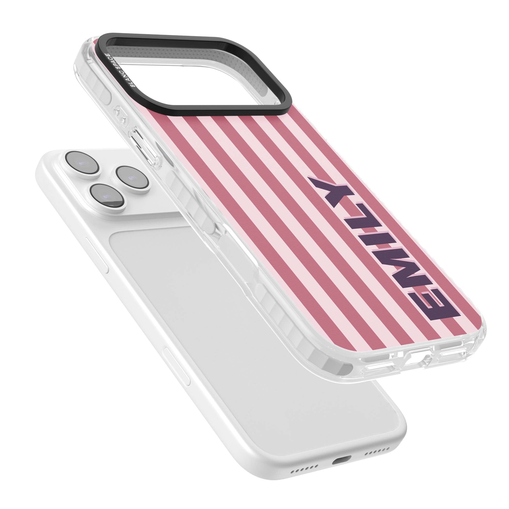 Victoria Stripe personalised iPhone case featuring pink vertical stripes and custom name in bold plum lettering | Black Impact case for iPhone 17 Pro, iPhone 17 Pro Max