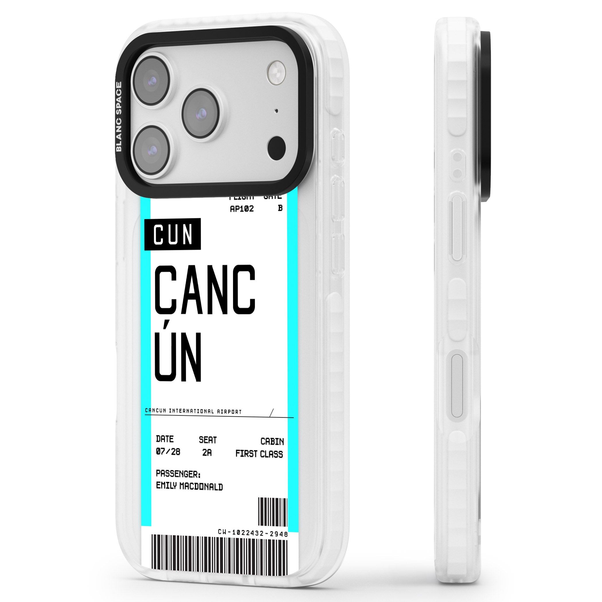 Personalised Cancún Boarding Pass iPhone 17 Pro Max Impact Clear Phone Case Side Profile
