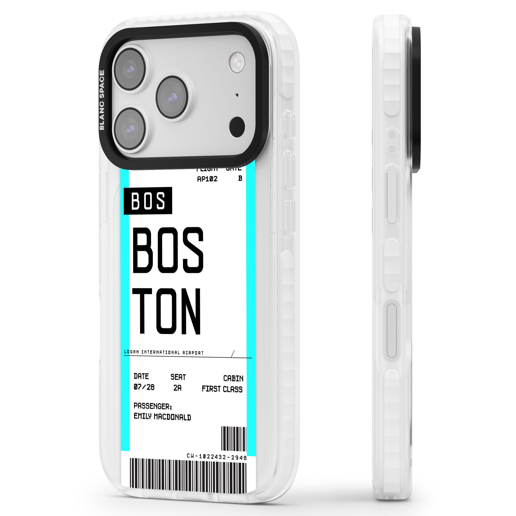 Personalised Boston Boarding Pass iPhone 17 Pro Max Impact Clear Phone Case Side Profile