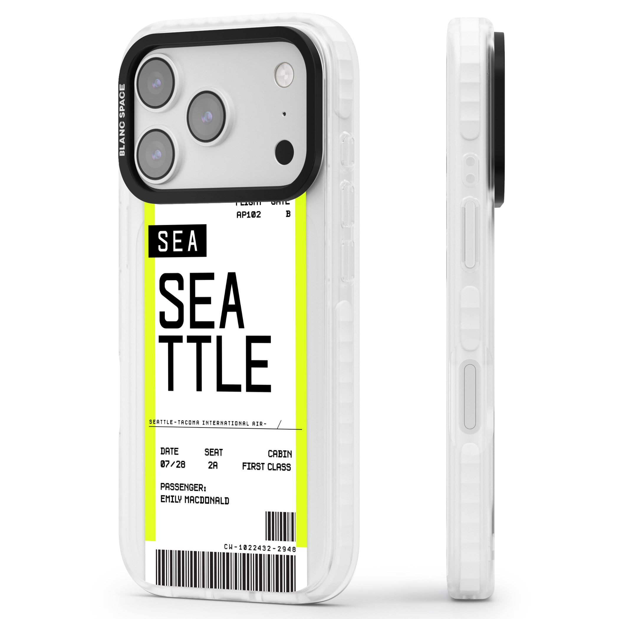 Personalised Seattle Boarding Pass iPhone 17 Pro Max Impact Clear Phone Case Side Profile