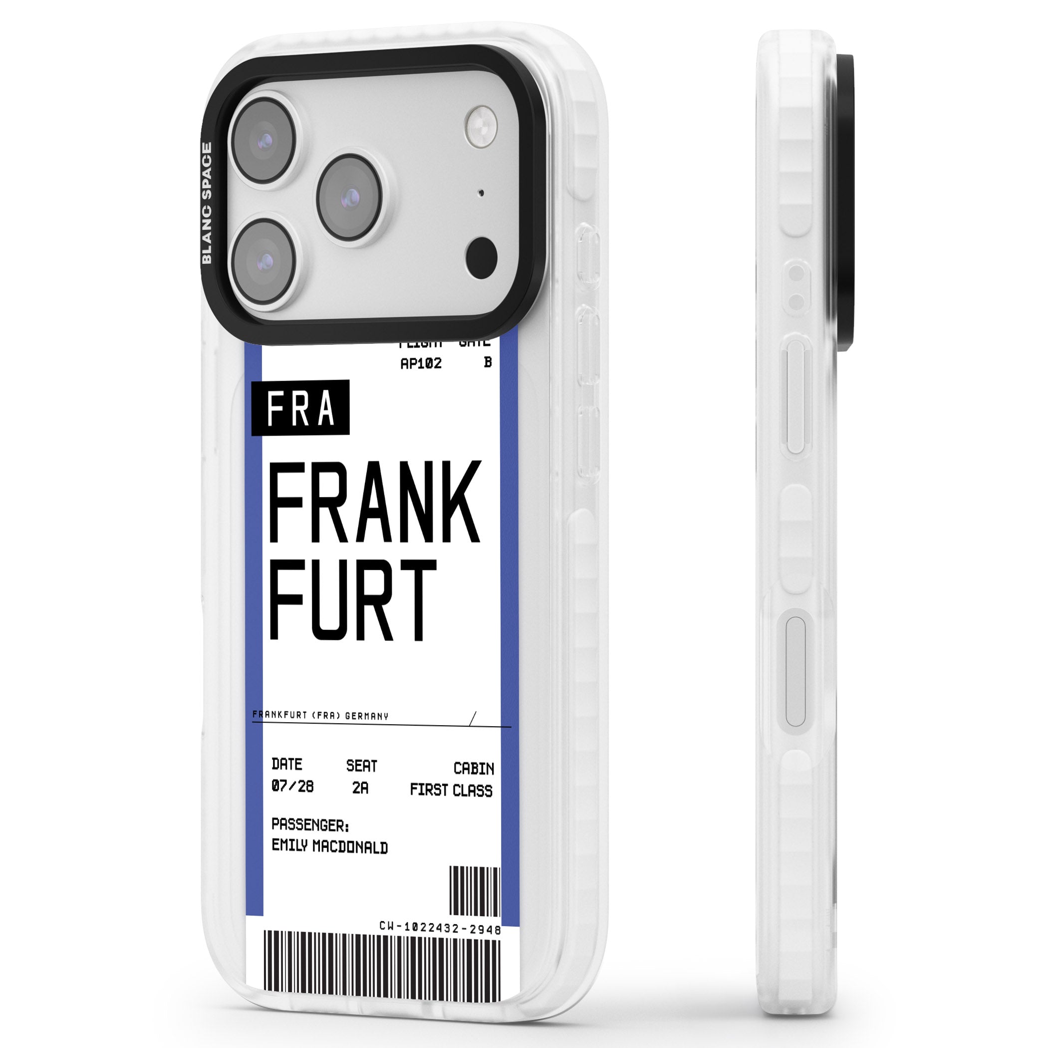 Personalised Frankfurt Boarding Pass iPhone 17 Pro Max Impact Clear Phone Case Side Profile