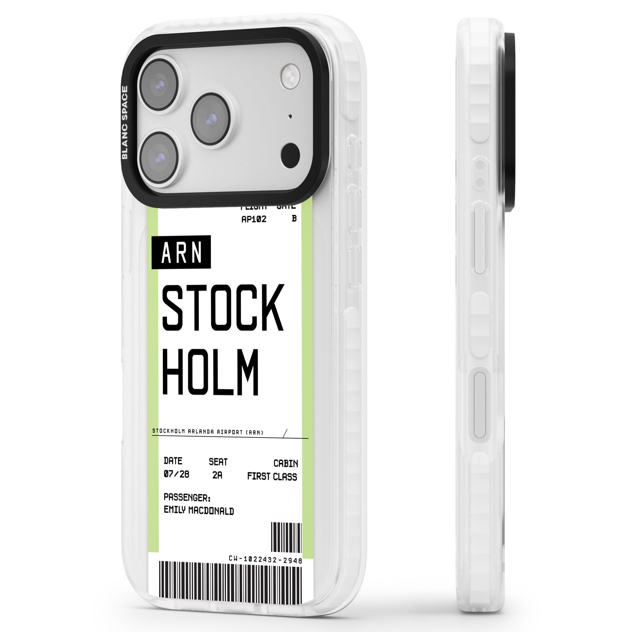 Personalised Stockholm Boarding Pass iPhone 17 Pro Max Impact Clear Phone Case Side Profile