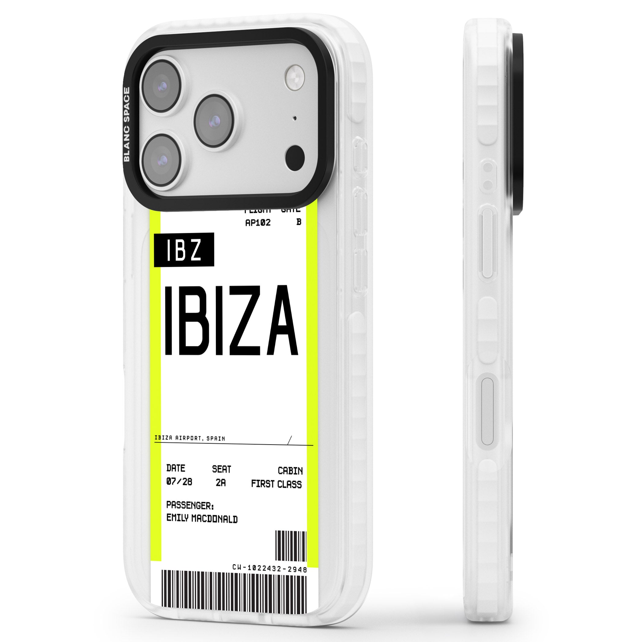 Personalised Ibiza Boarding Pass iPhone 17 Pro Max Impact Clear Phone Case Side Profile