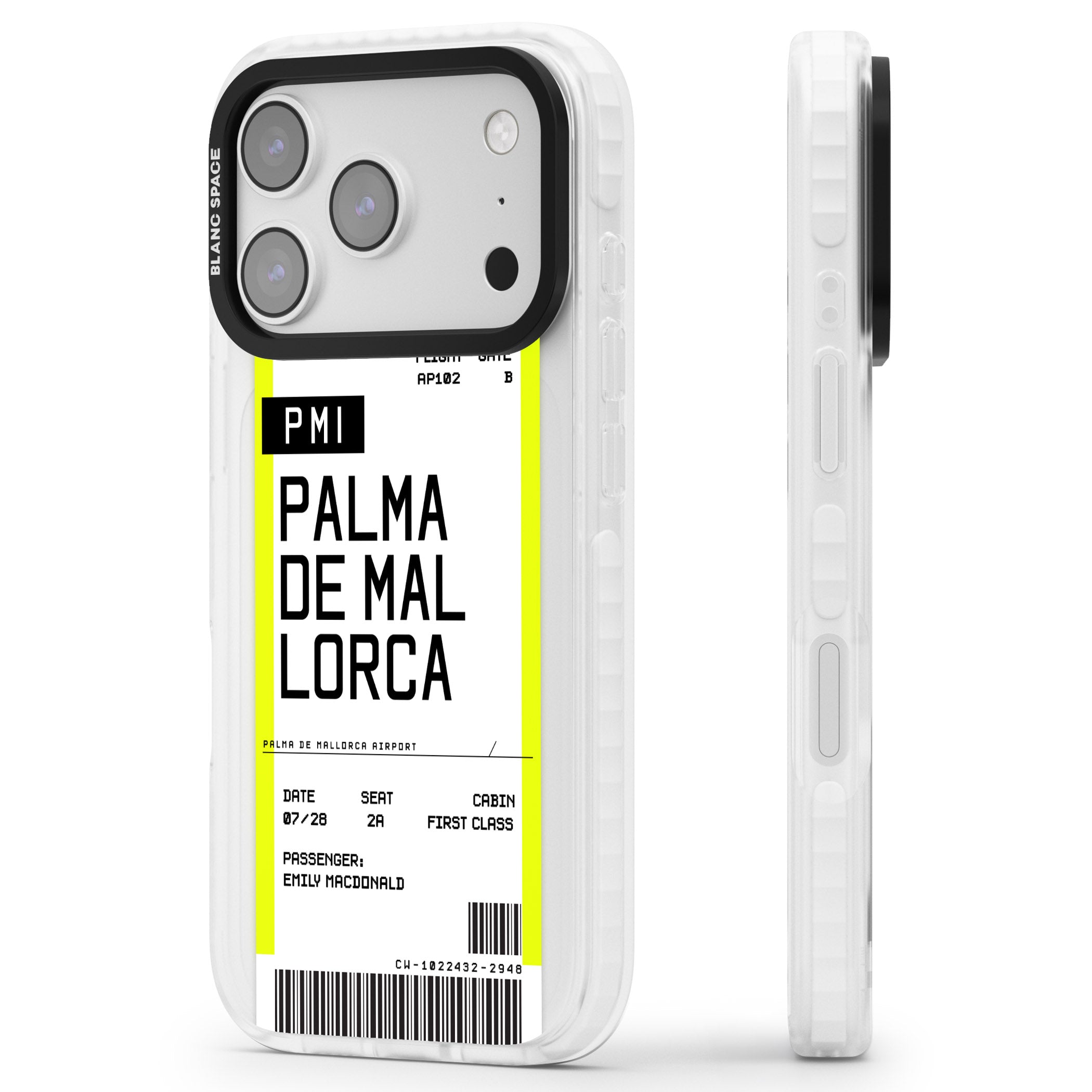 Personalised Palma De Mallorca Boarding Pass iPhone 17 Pro Max Impact Clear Phone Case Side Profile