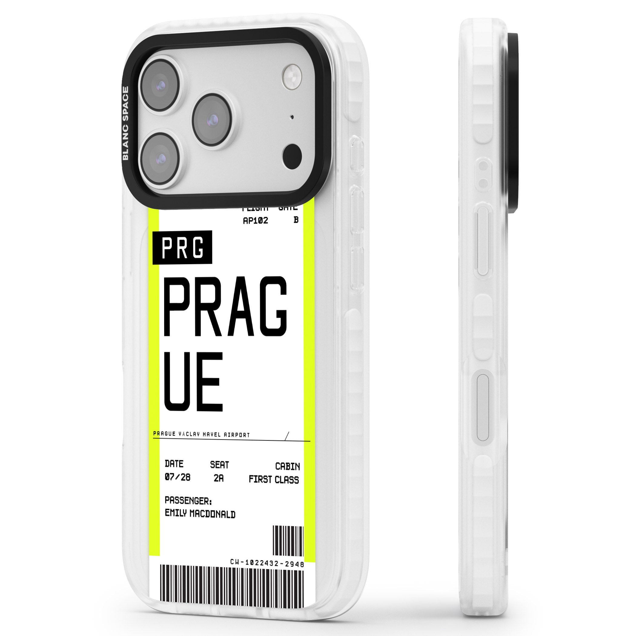 Personalised Prague Boarding Pass iPhone 17 Pro Max Impact Clear Phone Case Side Profile