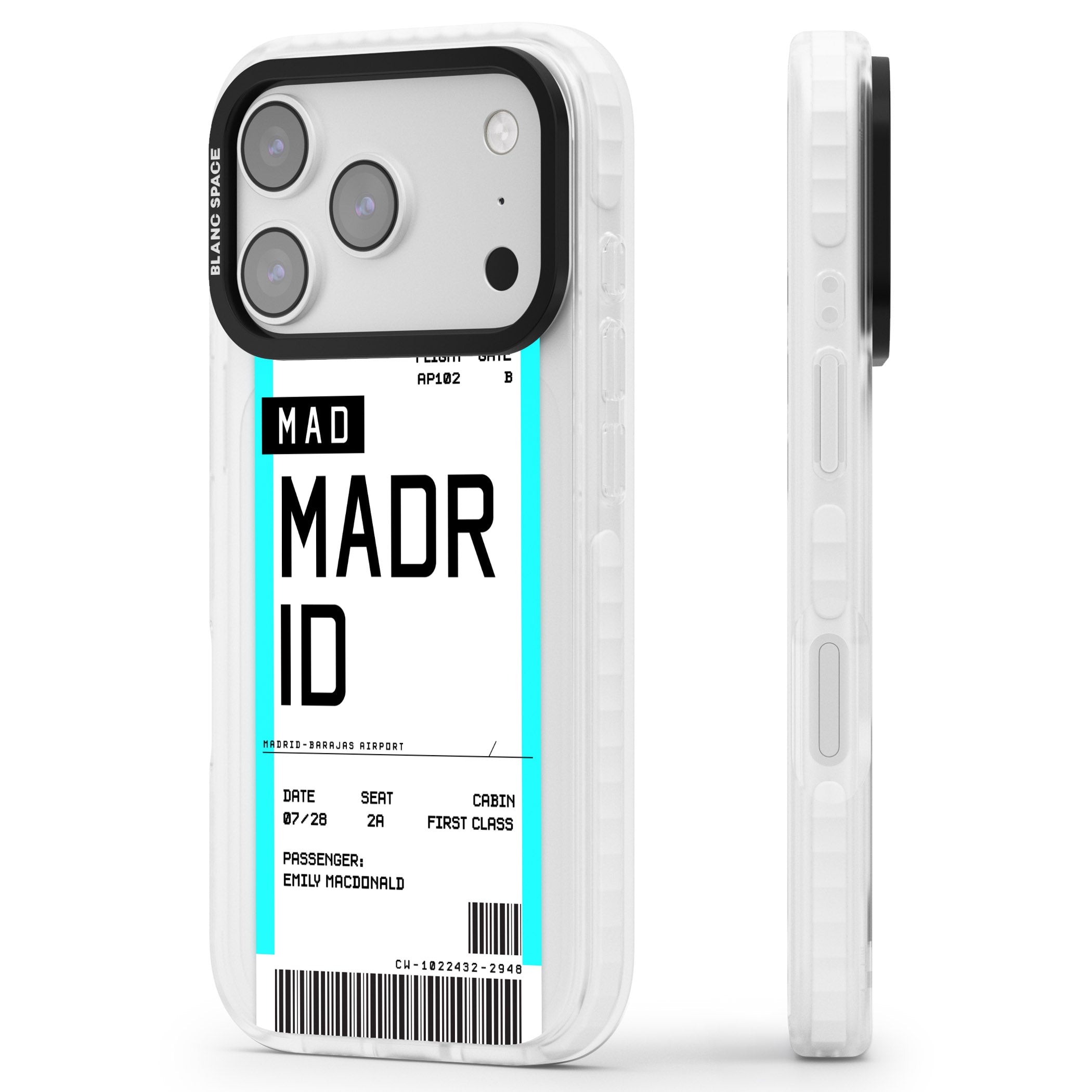 Personalised Madrid Boarding Pass iPhone 17 Pro Max Impact Clear Phone Case Side Profile