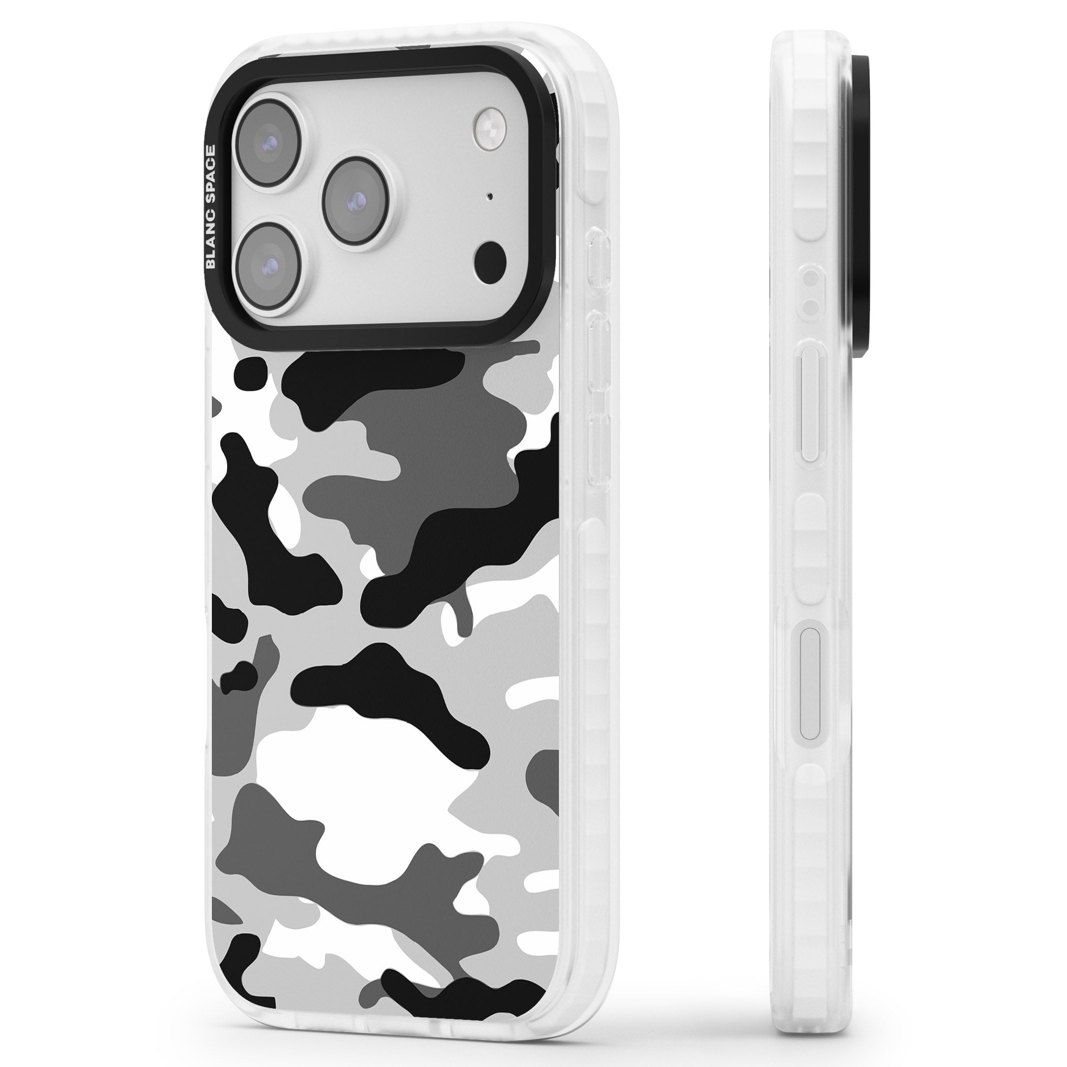 Grey Black Urban Camo iPhone 17 Pro Max Impact Clear Phone Case Side Profile
