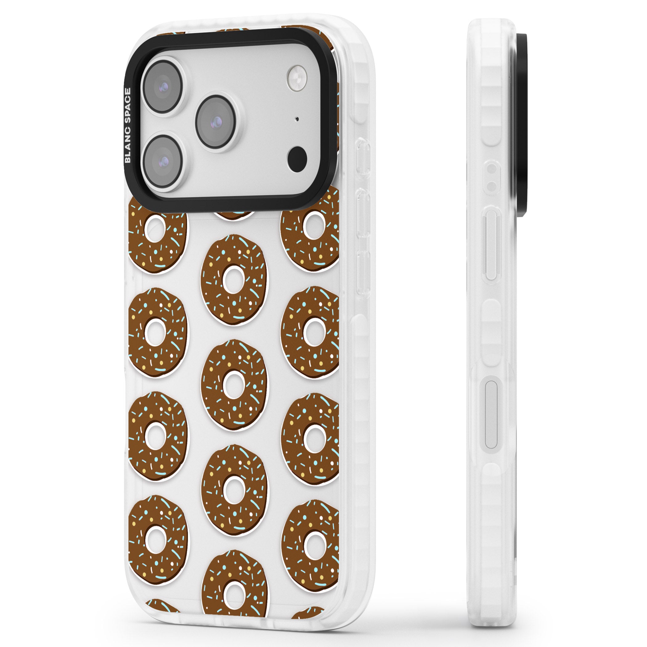 Chocolate Donut Pattern iPhone 17 Pro Max Impact Clear Phone Case Side Profile