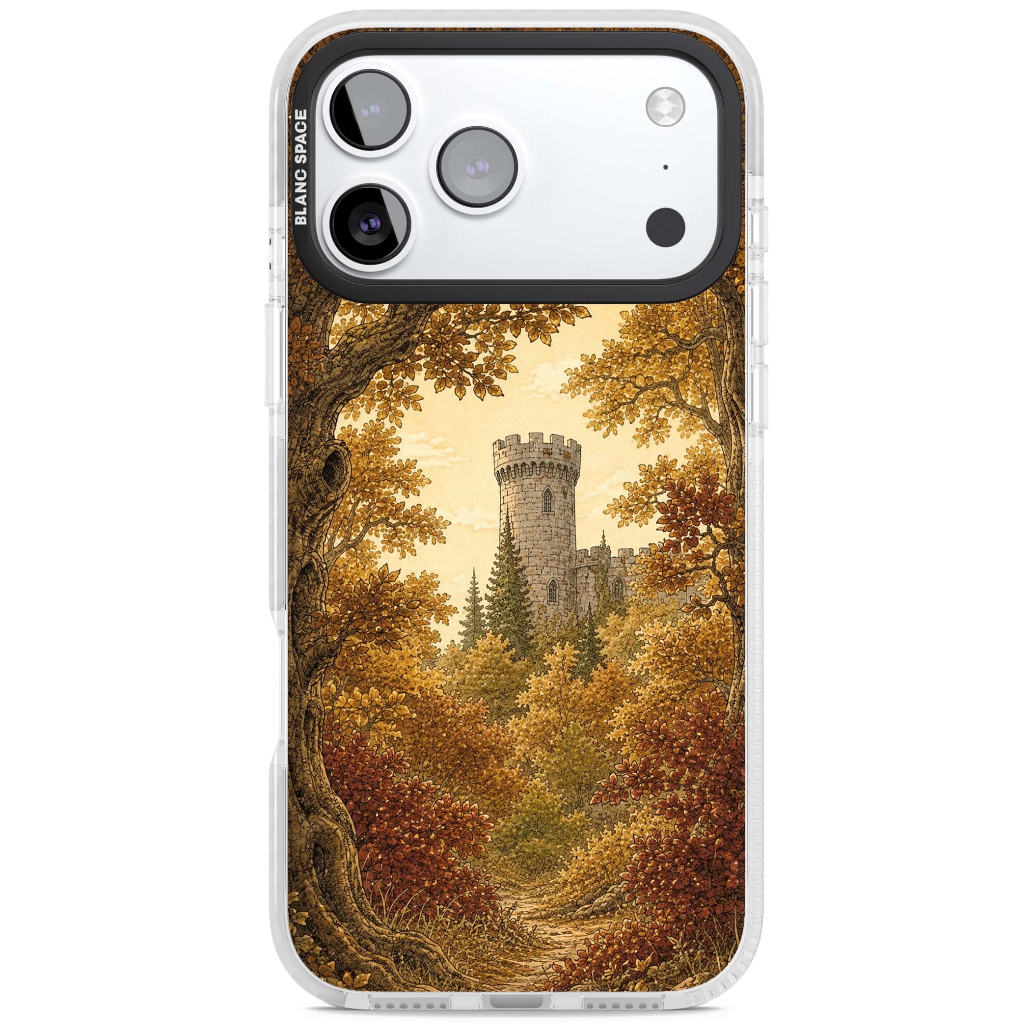 Autumn Keep cottagecore iPhone case featuring a medieval castle tower framed by golden autumn trees and woodland foliage | Black Impact case for iPhone 17 Pro, iPhone 17 Pro Max