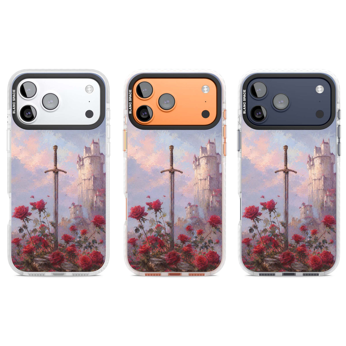 Sword in Roses medieval art iPhone case featuring a sword, red roses, and a misty fairytale castle at sunset | Black Impact case for iPhone 17 Pro, iPhone 17 Pro Max