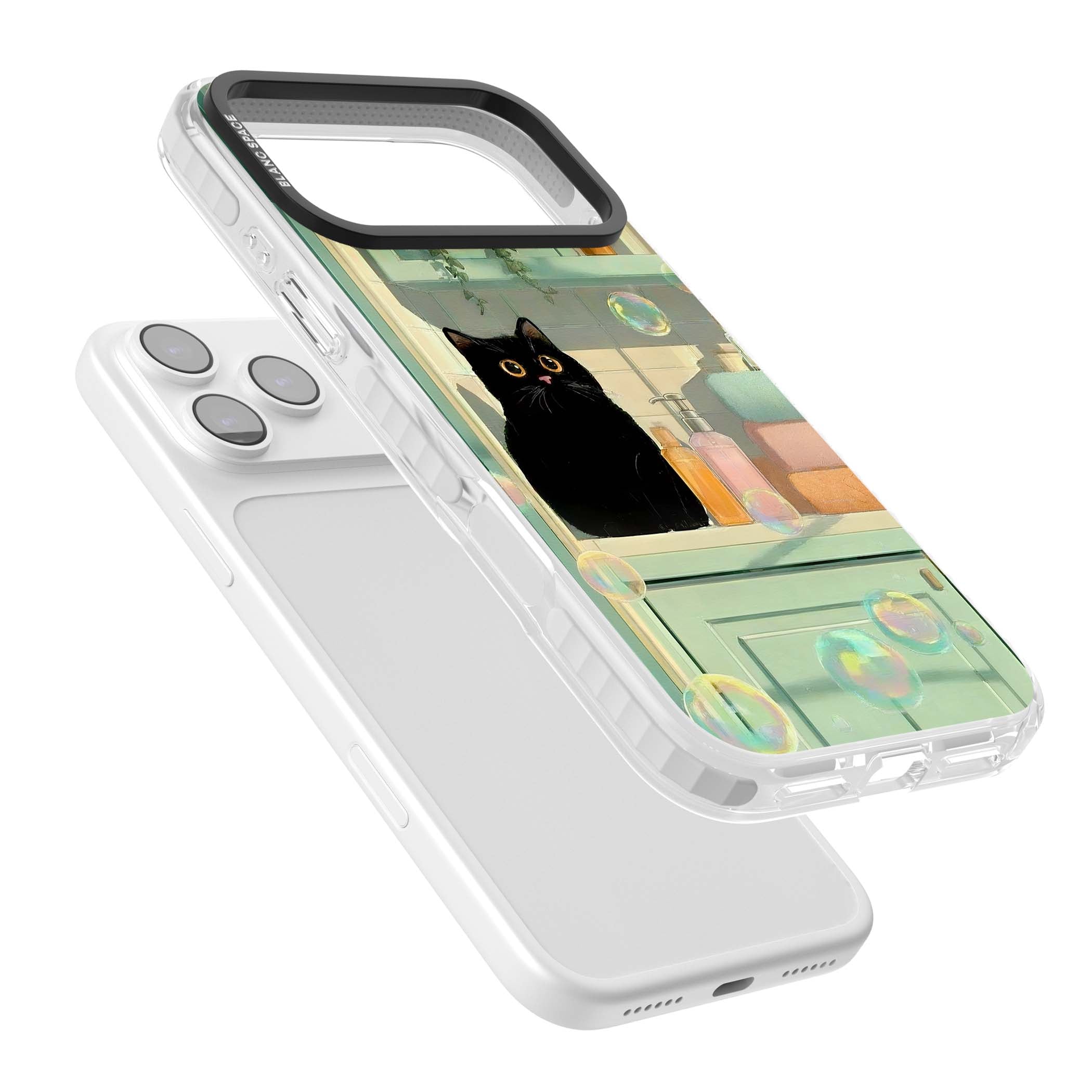 Bathroom Bubble Kitty cottagecore iPhone case featuring a black cat, mint bathroom scene and floating soap bubbles | Black Impact case for iPhone 17 Pro, iPhone 17 Pro Max