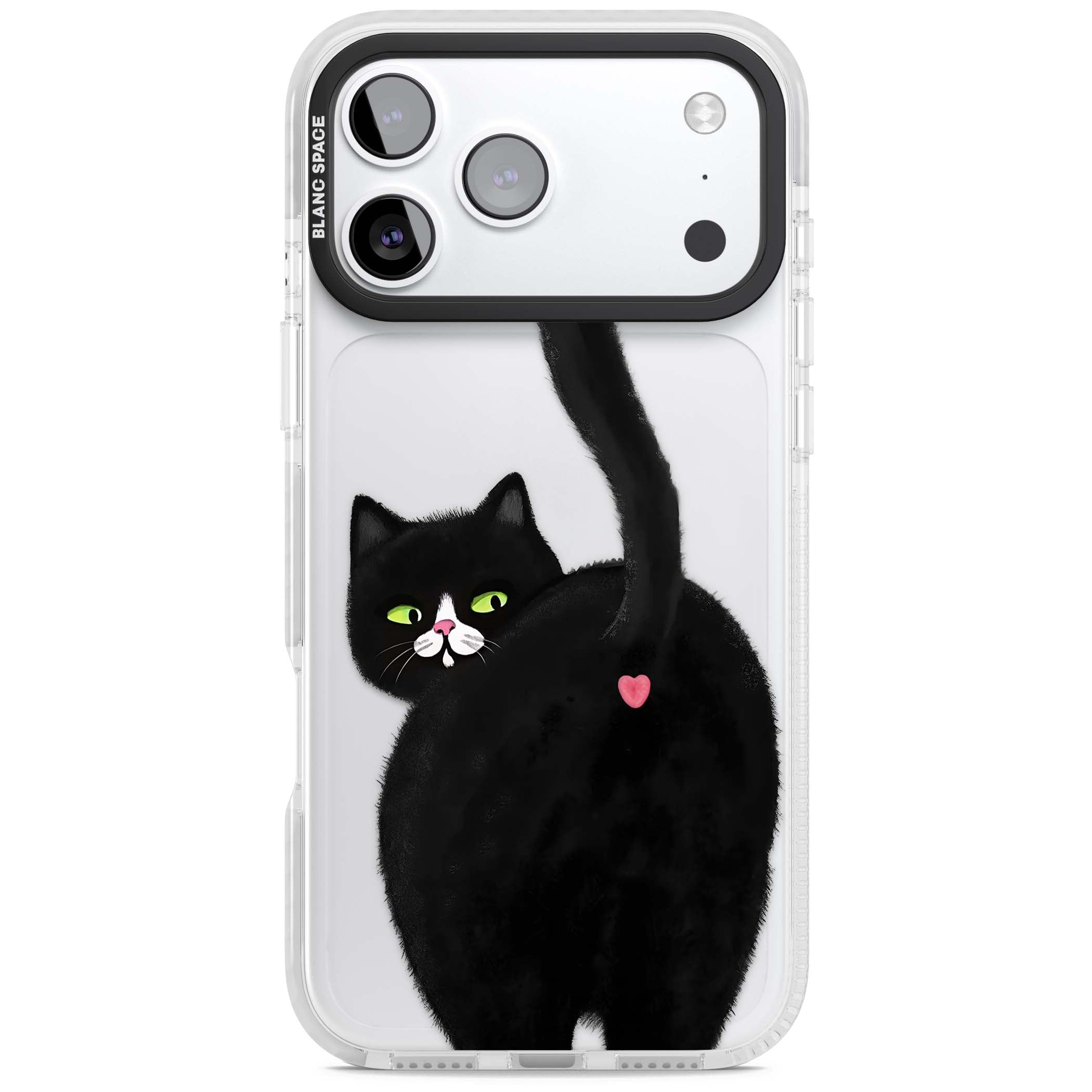The Cat's Kiss cute cat iPhone case featuring a hand-painted tuxedo kitty with green eyes and a pink heart on a clear  | Black Impact case for iPhone 17 Pro, iPhone 17 Pro Max