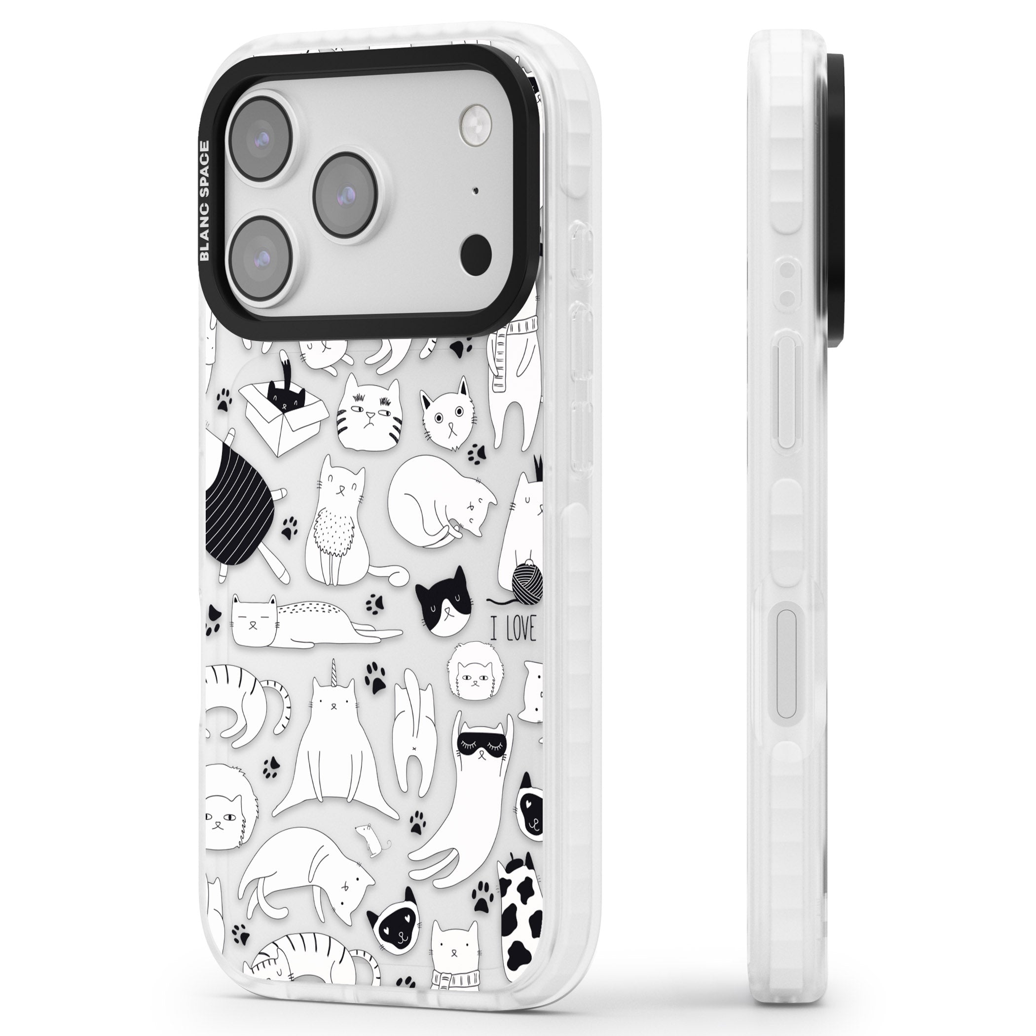 Cartoon Cat Collage Black & White iPhone 17 Pro Max Impact Clear Phone Case Side Profile