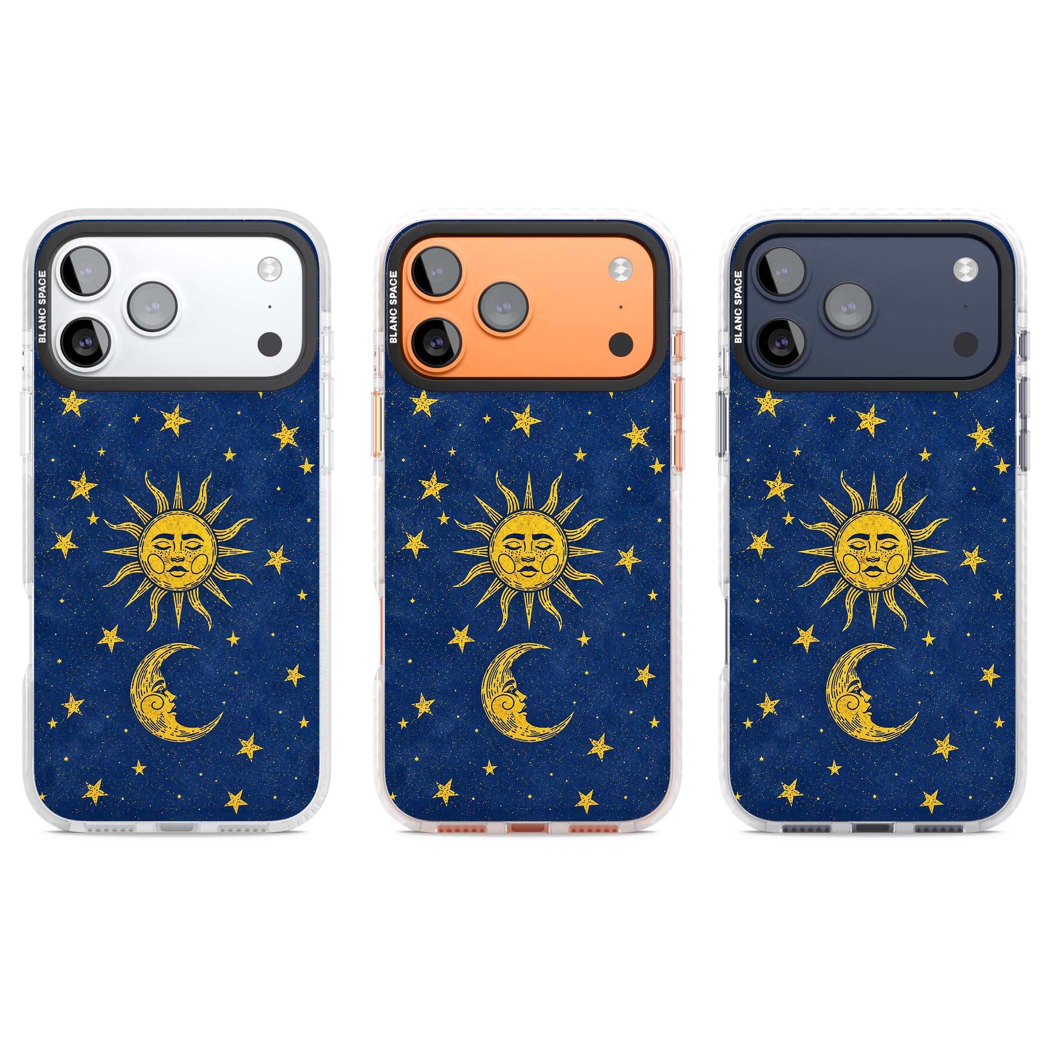 Sun & Moon Reverie celestial iPhone case featuring a vintage golden sun, crescent moon and scattered stars on midnight blue | Black Impact case for iPhone 17 Pro, iPhone 17 Pro Max