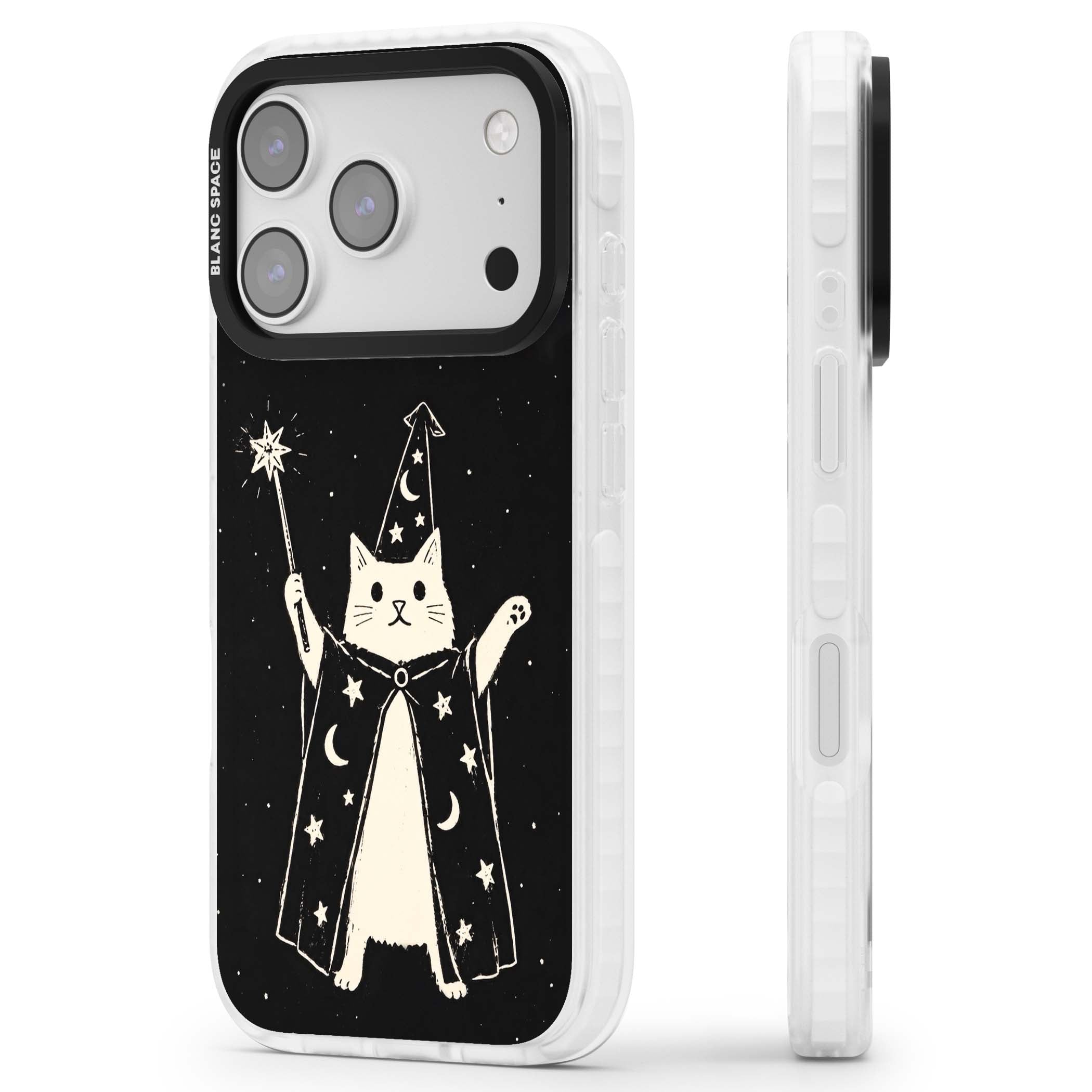 Whisker Wizard celestial cat iPhone case featuring a wizard cat with magic wand, starry night sky and crescent moons | Black Impact case for iPhone 17 Pro, iPhone 17 Pro Max