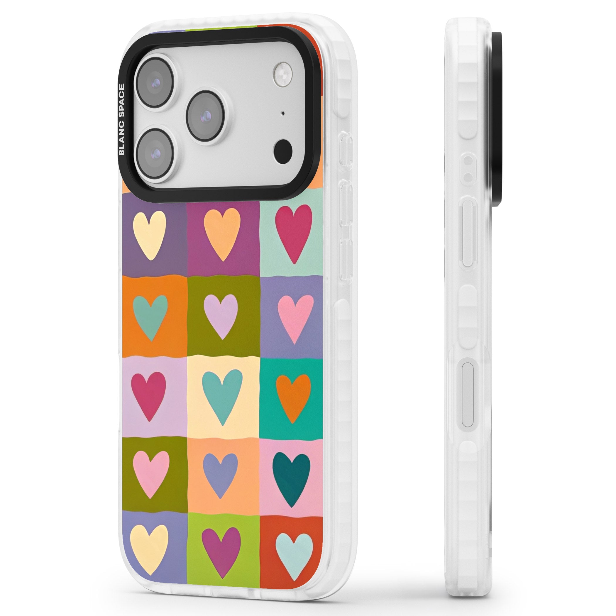 Multicolour Checked Hearts iPhone 17 Pro Max Impact Clear Phone Case Side Profile
