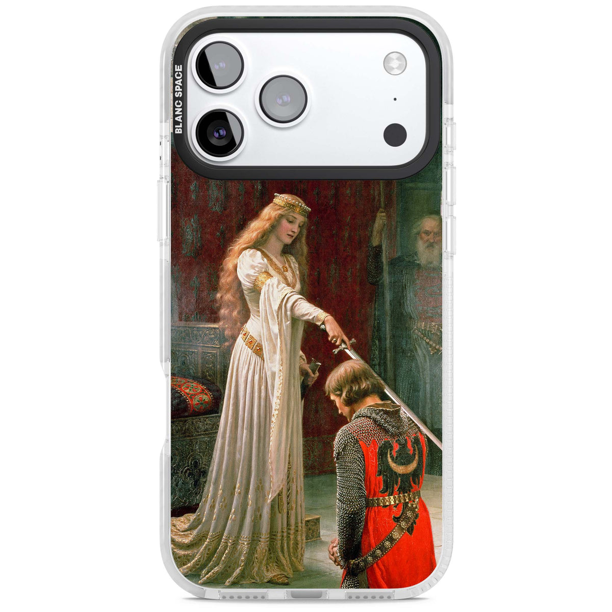 The Accolade renaissance art iPhone case featuring Edmund Blair Leighton's painting of a queen knighting a kneeling knight | Black Impact case for iPhone 17 Pro, iPhone 17 Pro Max