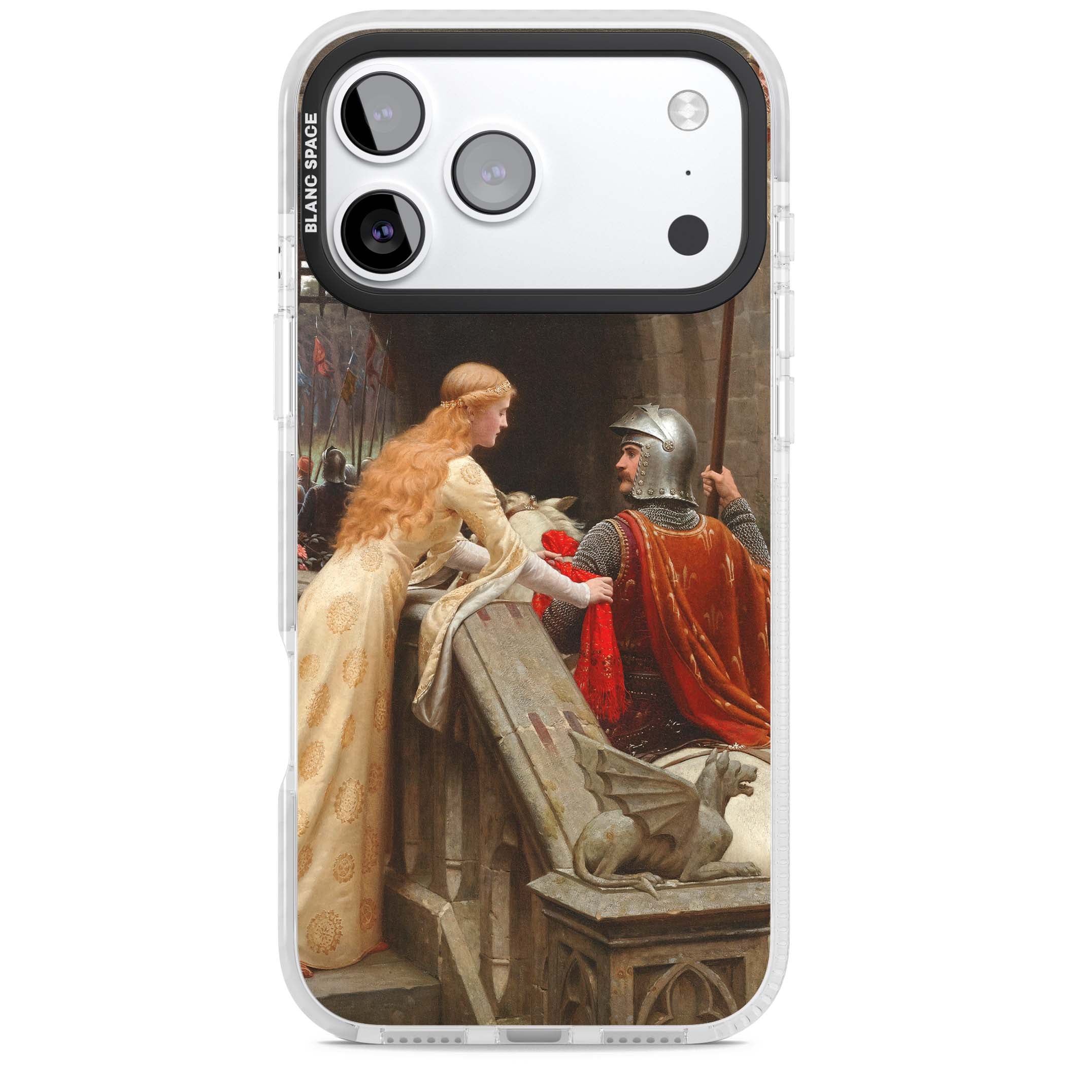 God Speed fine art iPhone case featuring Edmund Blair Leighton's medieval knight and lady beneath a stone archway | Black Impact case for iPhone 17 Pro, iPhone 17 Pro Max