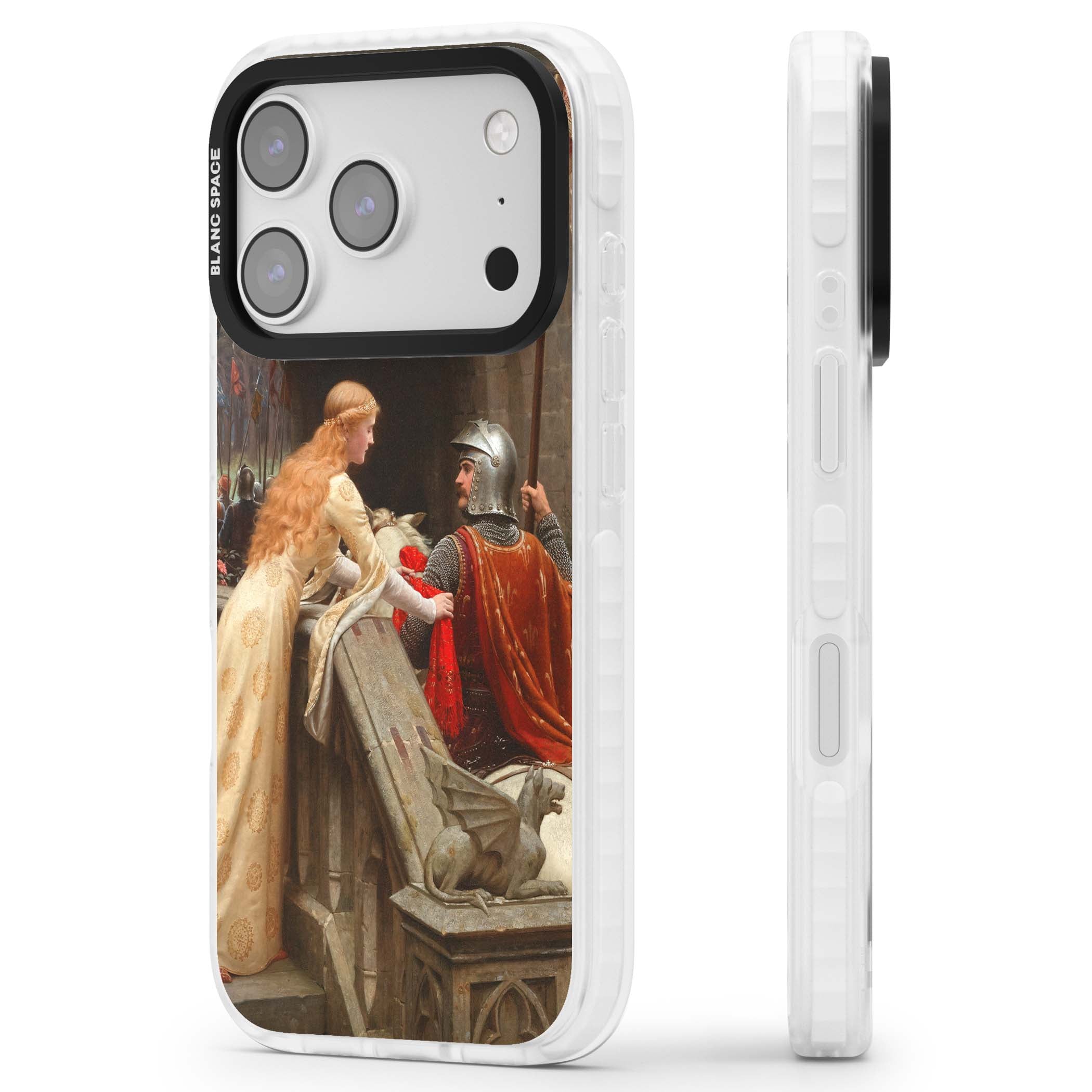 God Speed fine art iPhone case featuring Edmund Blair Leighton's medieval knight and lady beneath a stone archway | Black Impact case for iPhone 17 Pro, iPhone 17 Pro Max