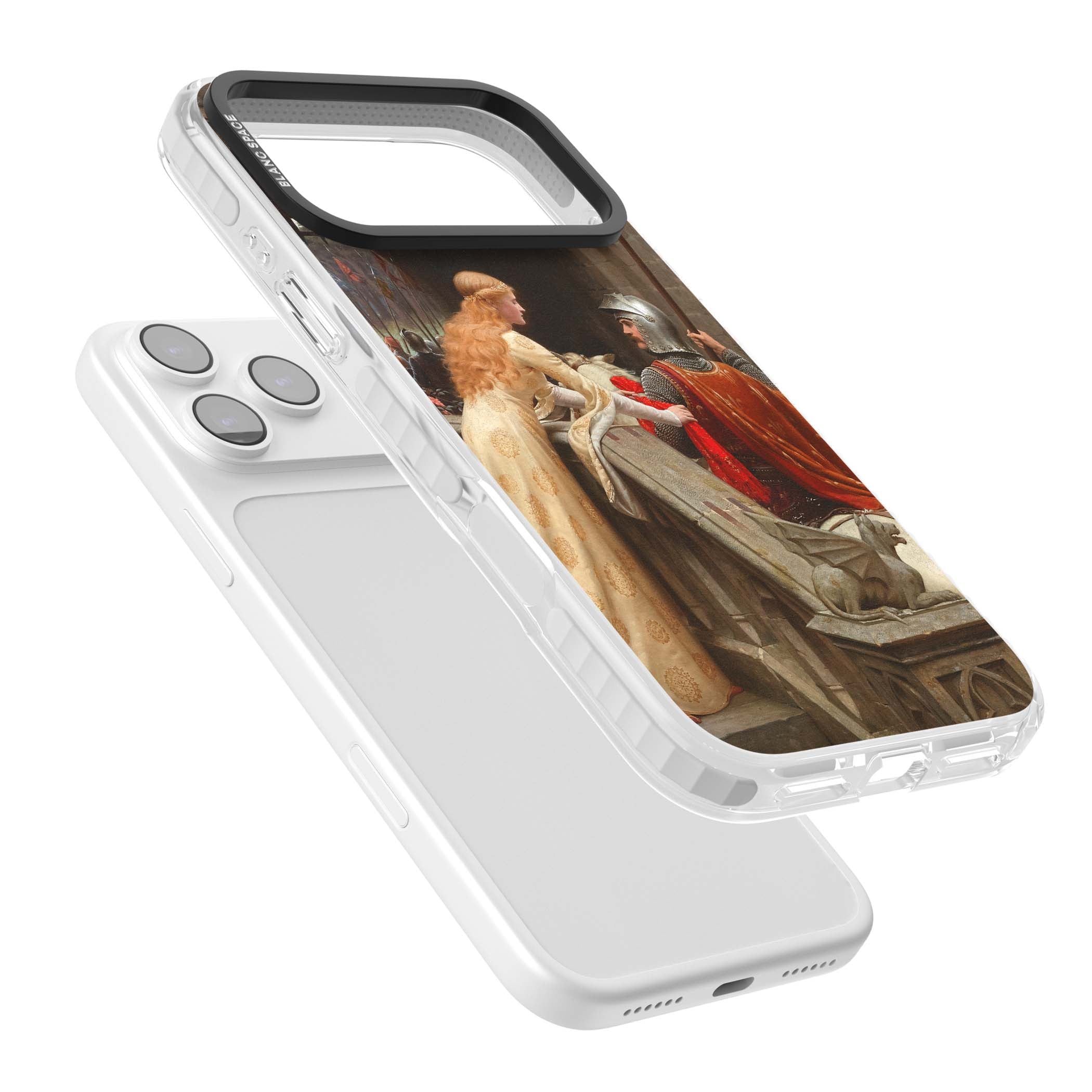 God Speed fine art iPhone case featuring Edmund Blair Leighton's medieval knight and lady beneath a stone archway | Black Impact case for iPhone 17 Pro, iPhone 17 Pro Max