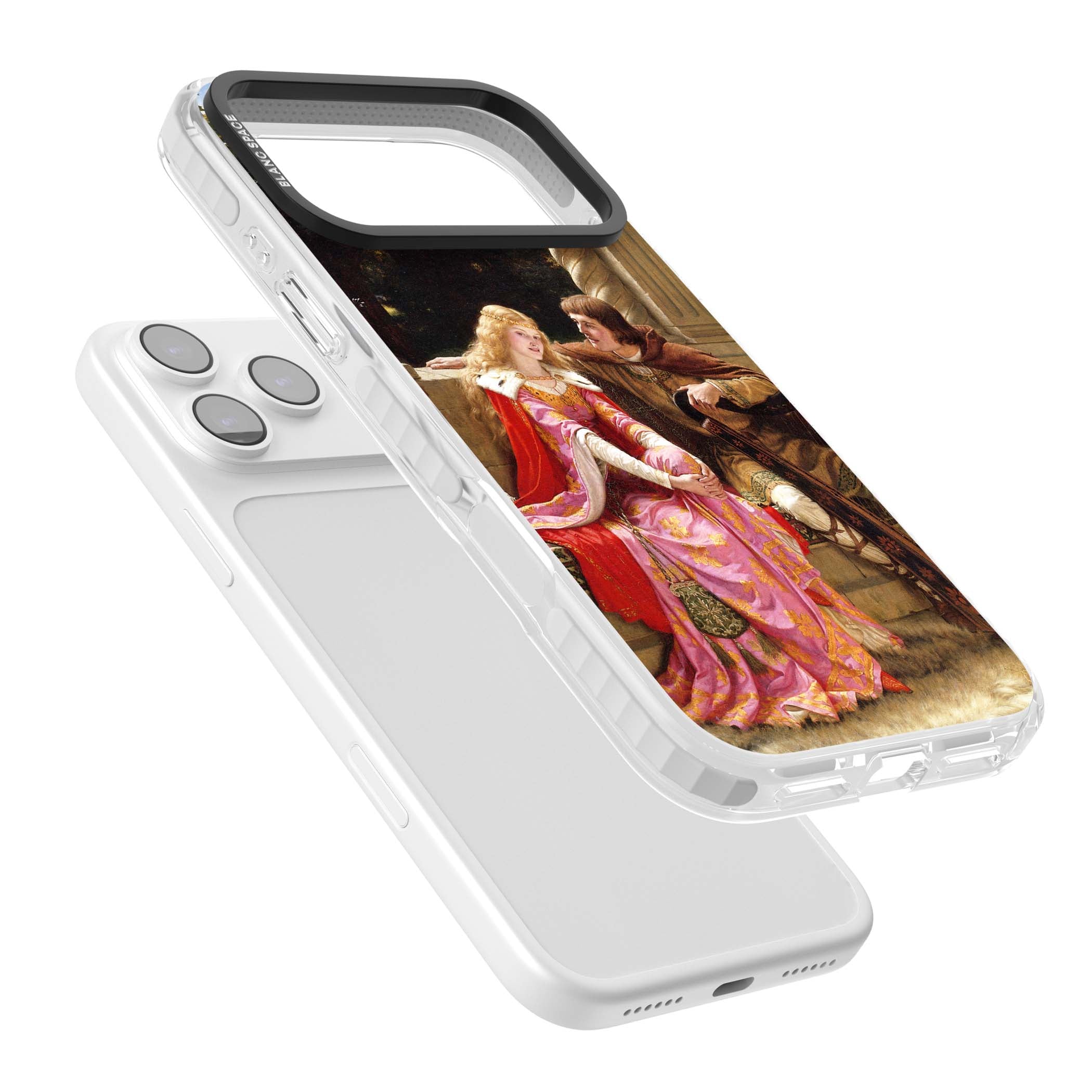The End of the Song classic art iPhone case featuring a medieval lady in pink gown and her knight in a stone archway | Black Impact case for iPhone 17 Pro, iPhone 17 Pro Max