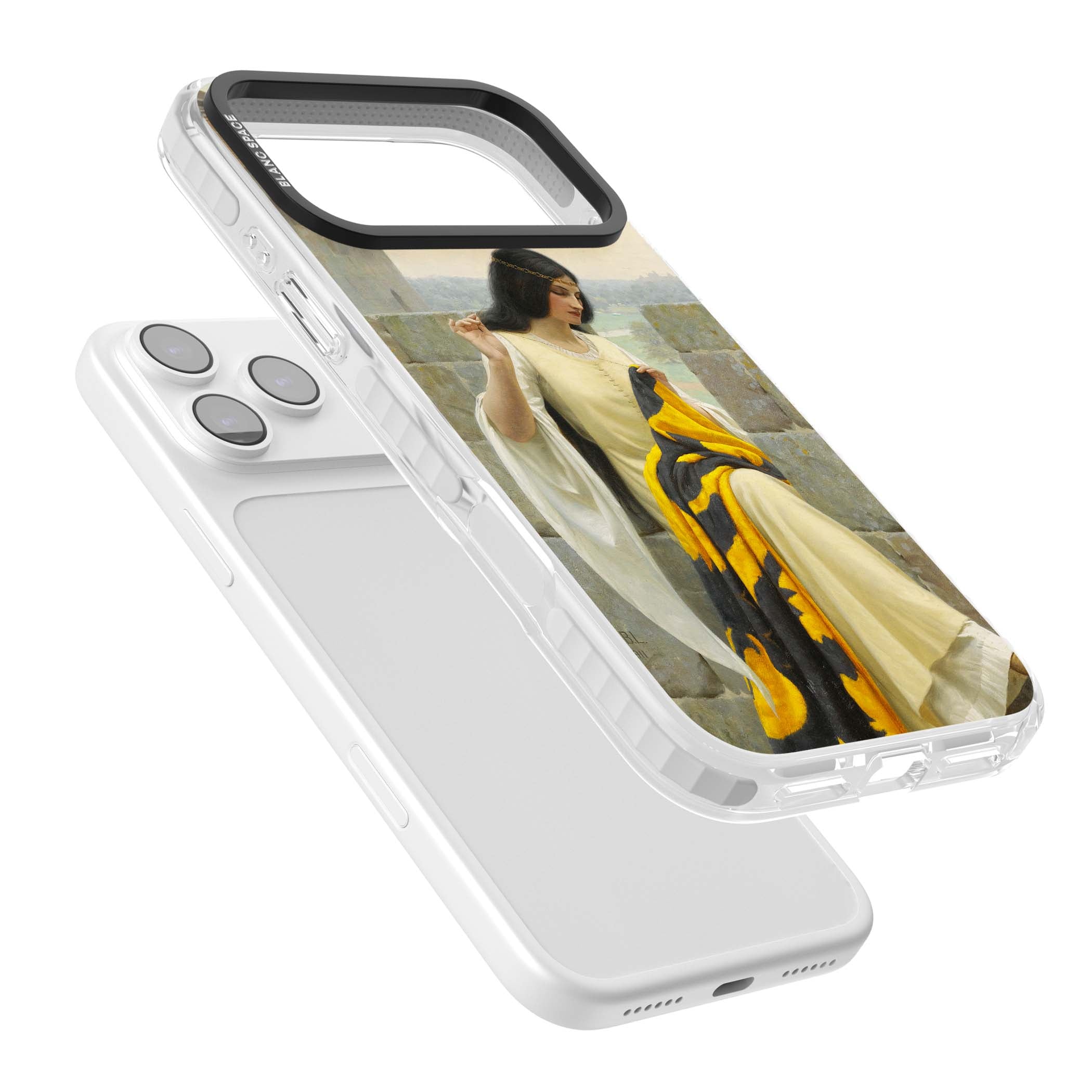 Stitching the Standard renaissance art iPhone case featuring a medieval lady sewing a golden banner on a castle wall | Black Impact case for iPhone 17 Pro, iPhone 17 Pro Max